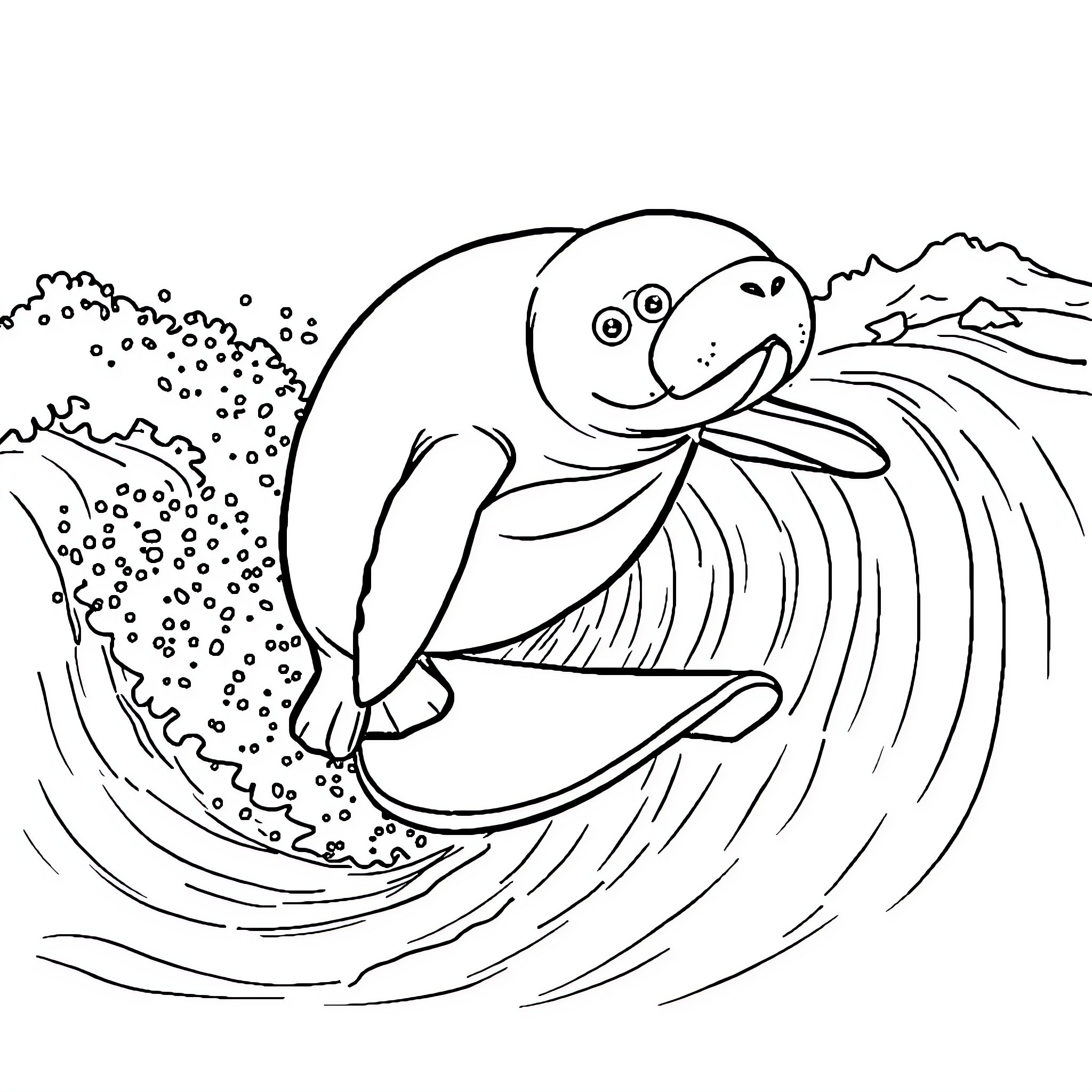 Manatee surfing on crashing waves Coloring Page (free black-and-white line drawing printable PDF for all, from beginners to advanced learners, including children, teens, adults, and seniors)
