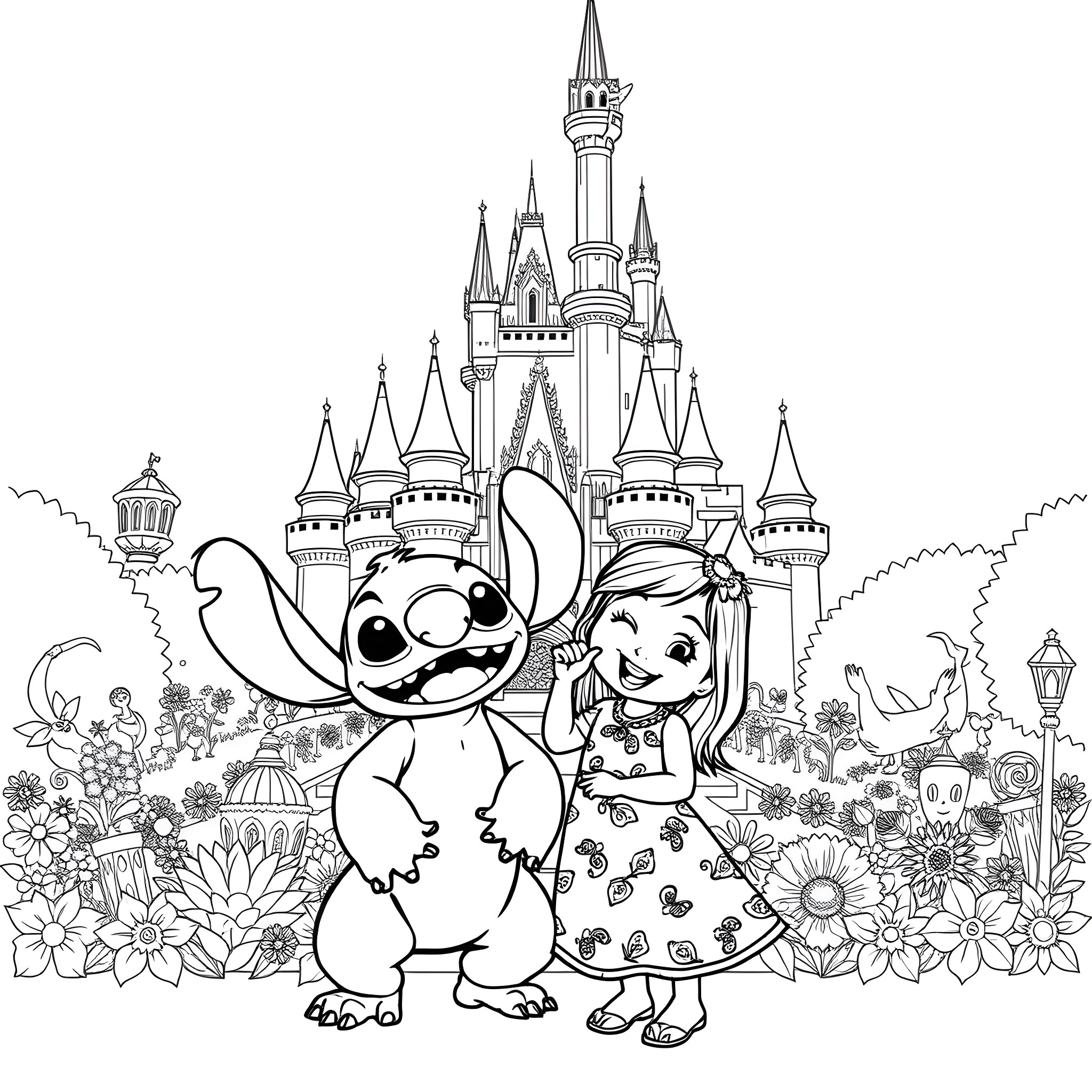 Lilo and Stitch in a whimsical Disney castle scene Coloring Page (free black-and-white line drawing printable PDF for all, from beginners to advanced learners, including children, teens, adults, and seniors)