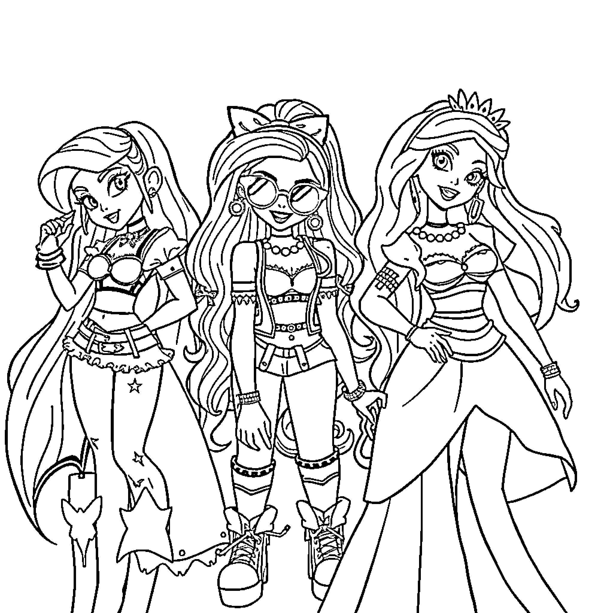 Disney Princess Characters in Diverse Outfits Coloring Page (free black-and-white line drawing printable PDF for all, from beginners to advanced learners, including children, teens, adults, and seniors)