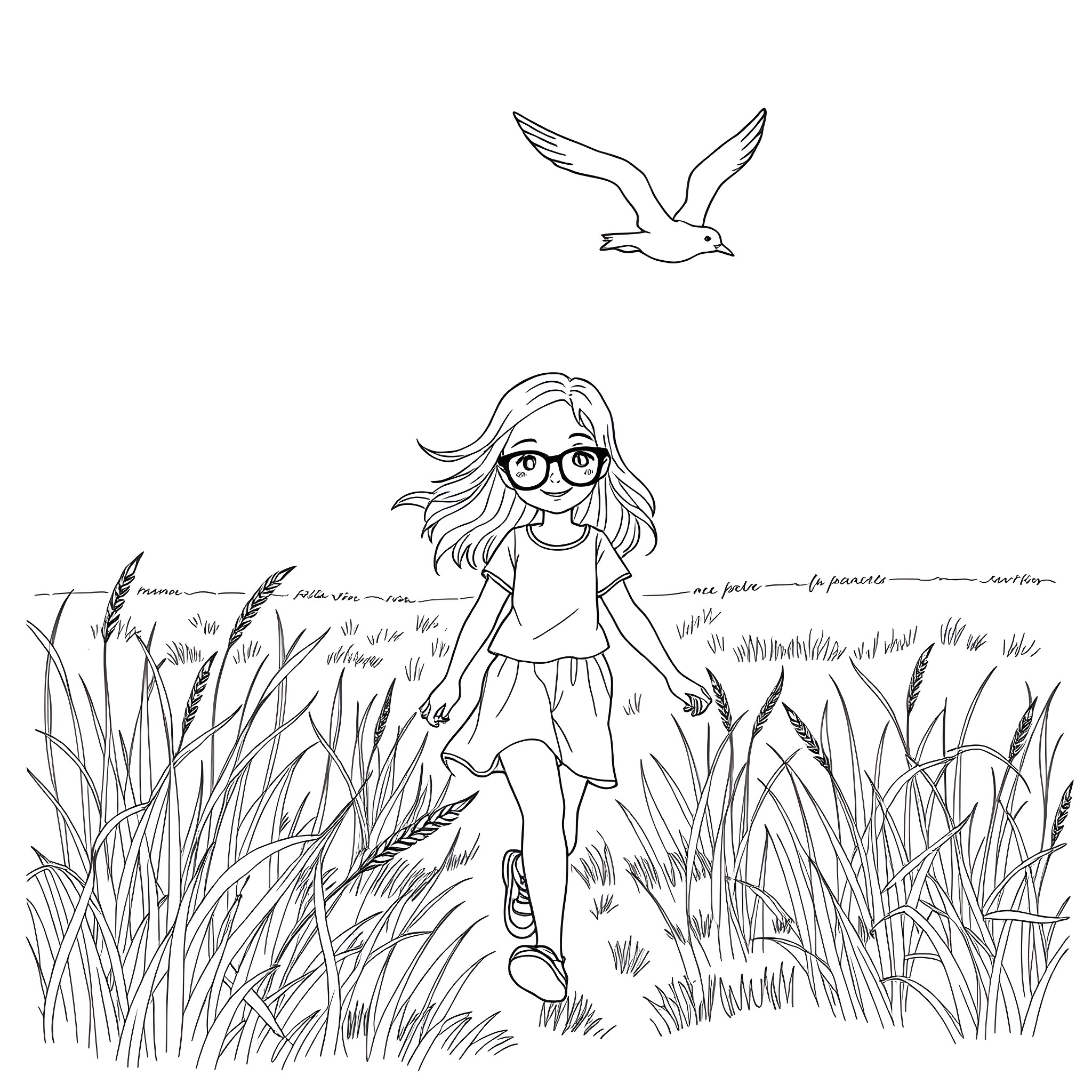 Seagull soaring above girl walking through tall grass Coloring Page (free black-and-white line drawing printable PDF for all, from beginners to advanced learners, including children, teens, adults, and seniors)