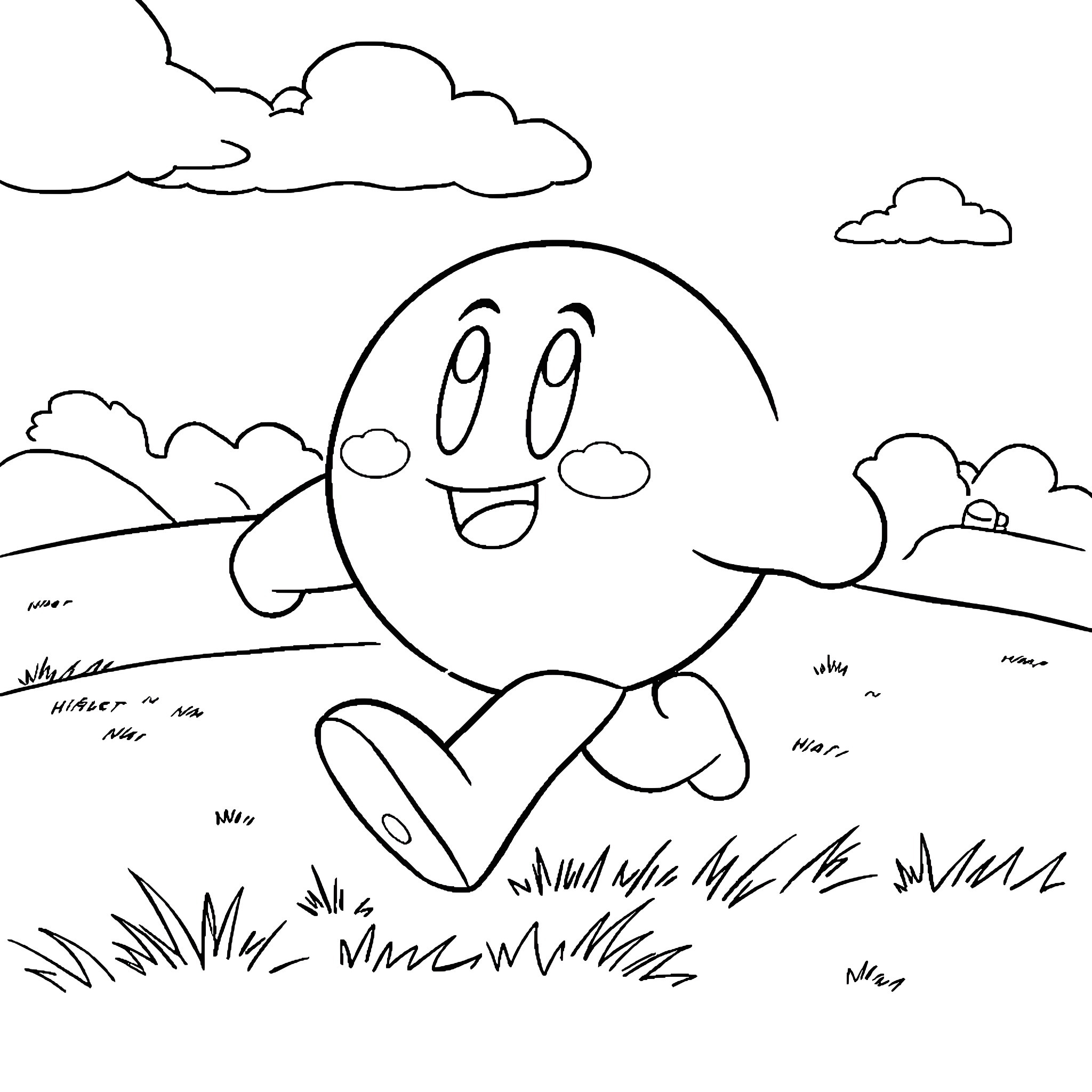 Kirby enjoying a sunny day in a grassy field Coloring Page (free black-and-white line drawing printable PDF for all, from beginners to advanced learners, including children, teens, adults, and seniors)