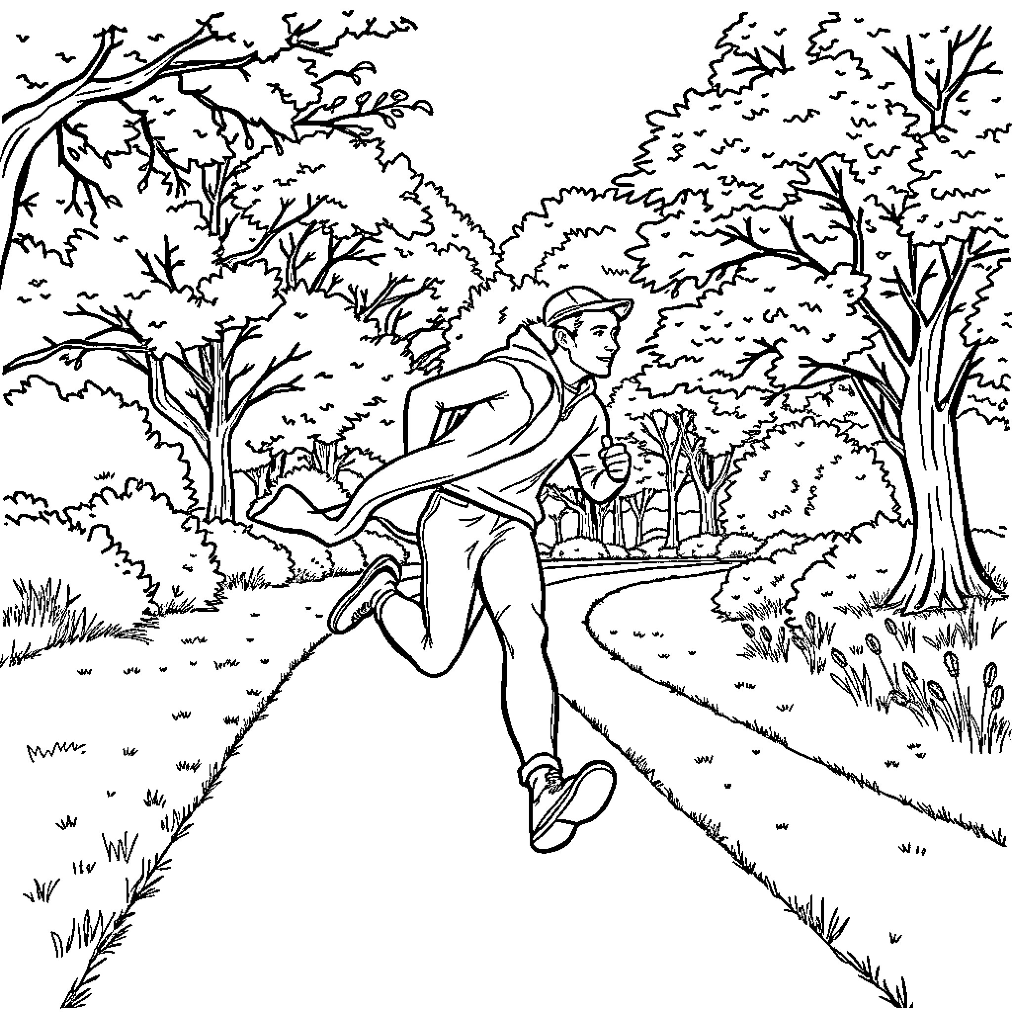 Running through a wooded trail Coloring Page (free black-and-white line drawing printable PDF for all, from beginners to advanced learners, including children, teens, adults, and seniors)