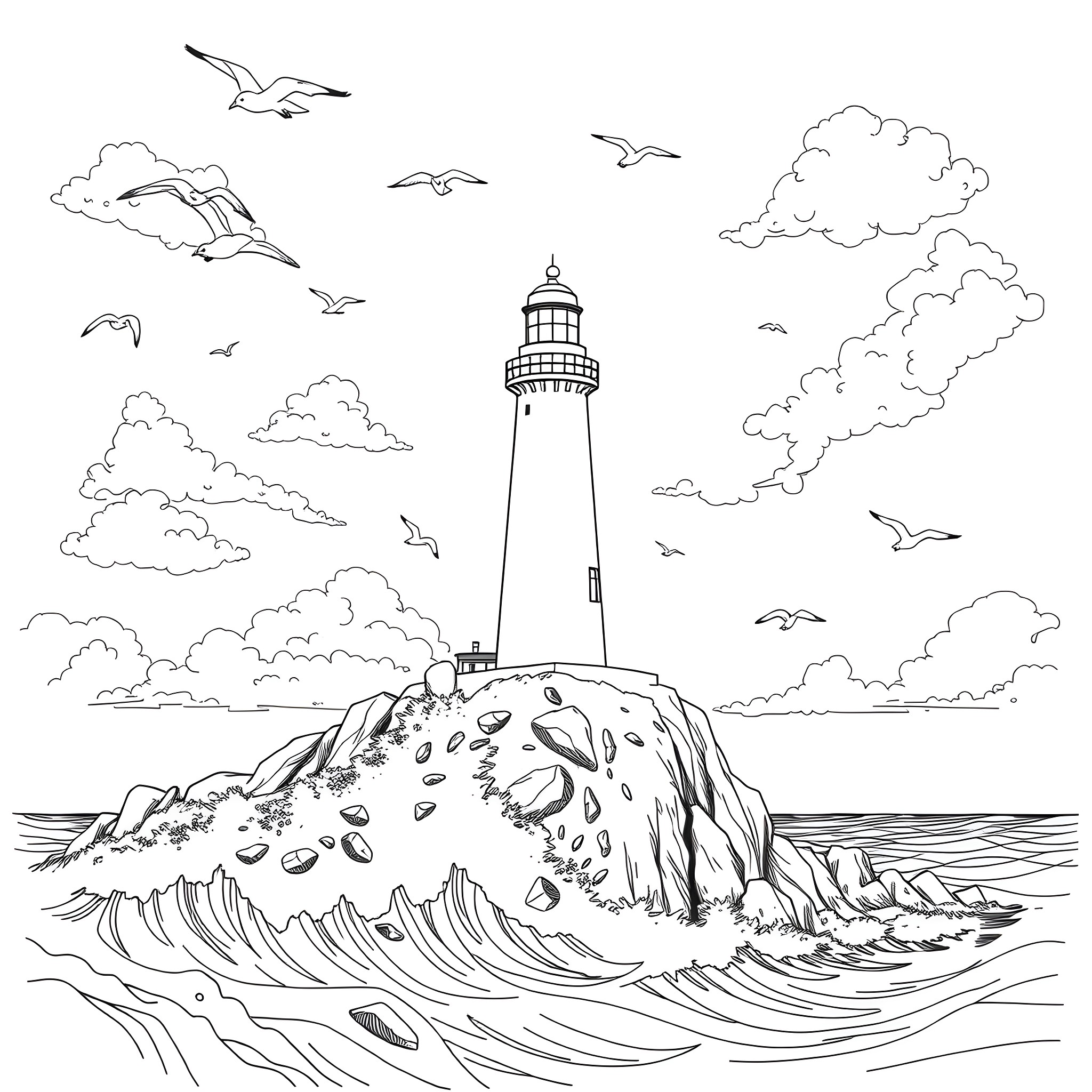 Lighthouse on a rocky cliff by the sea Coloring Page (free black-and-white line drawing printable PDF for all, from beginners to advanced learners, including children, teens, adults, and seniors)