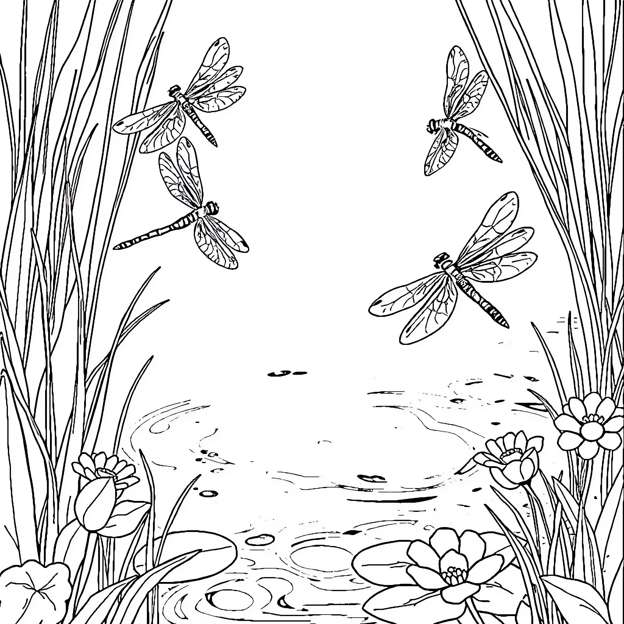 Dragonflies dancing gracefully in a serene pond Coloring Page (free black-and-white line drawing printable PDF for all, from beginners to advanced learners, including children, teens, adults, and seniors)