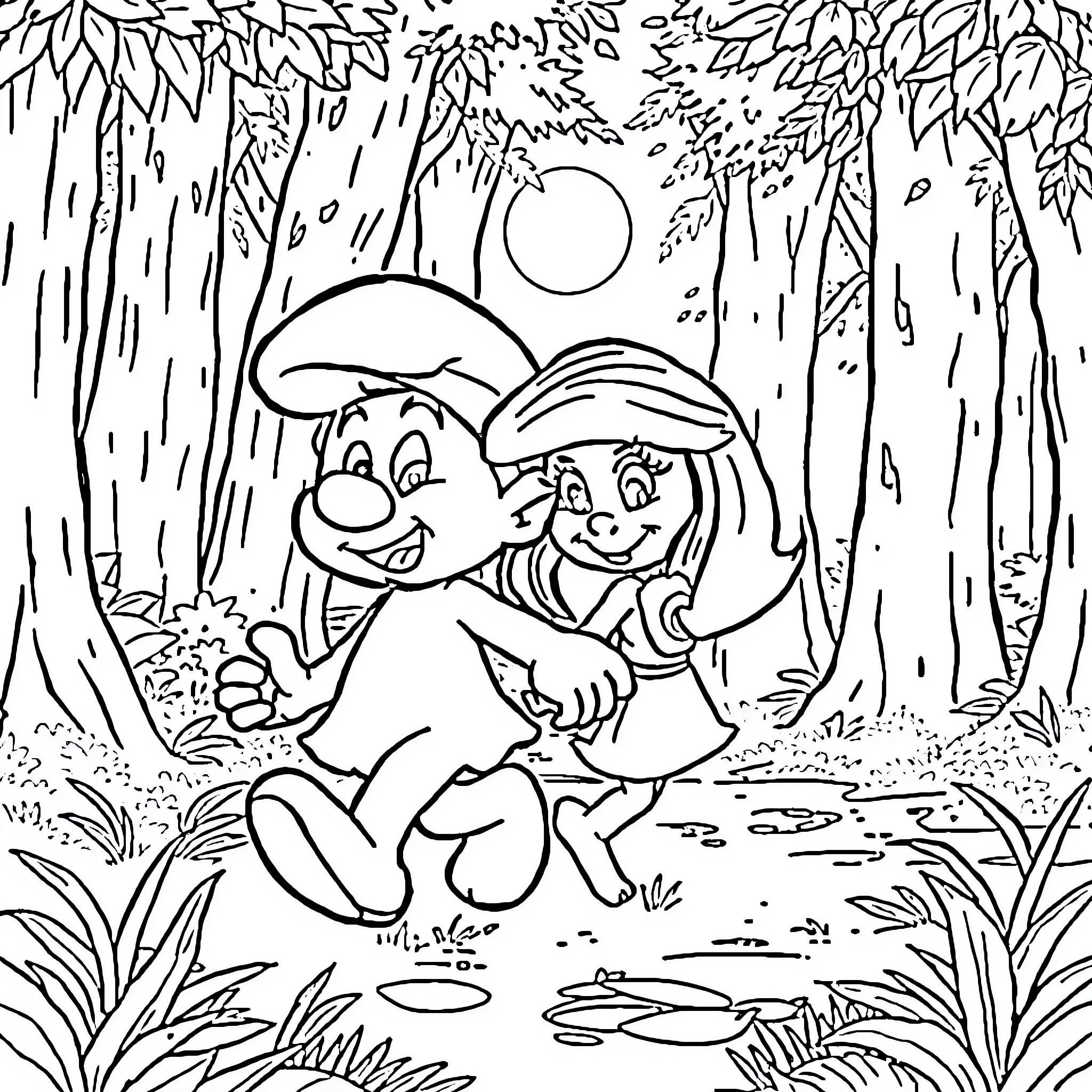 Smurfette and Friends Exploring the Enchanted Forest Coloring Page (free black-and-white line drawing printable PDF for all, from beginners to advanced learners, including children, teens, adults, and seniors)