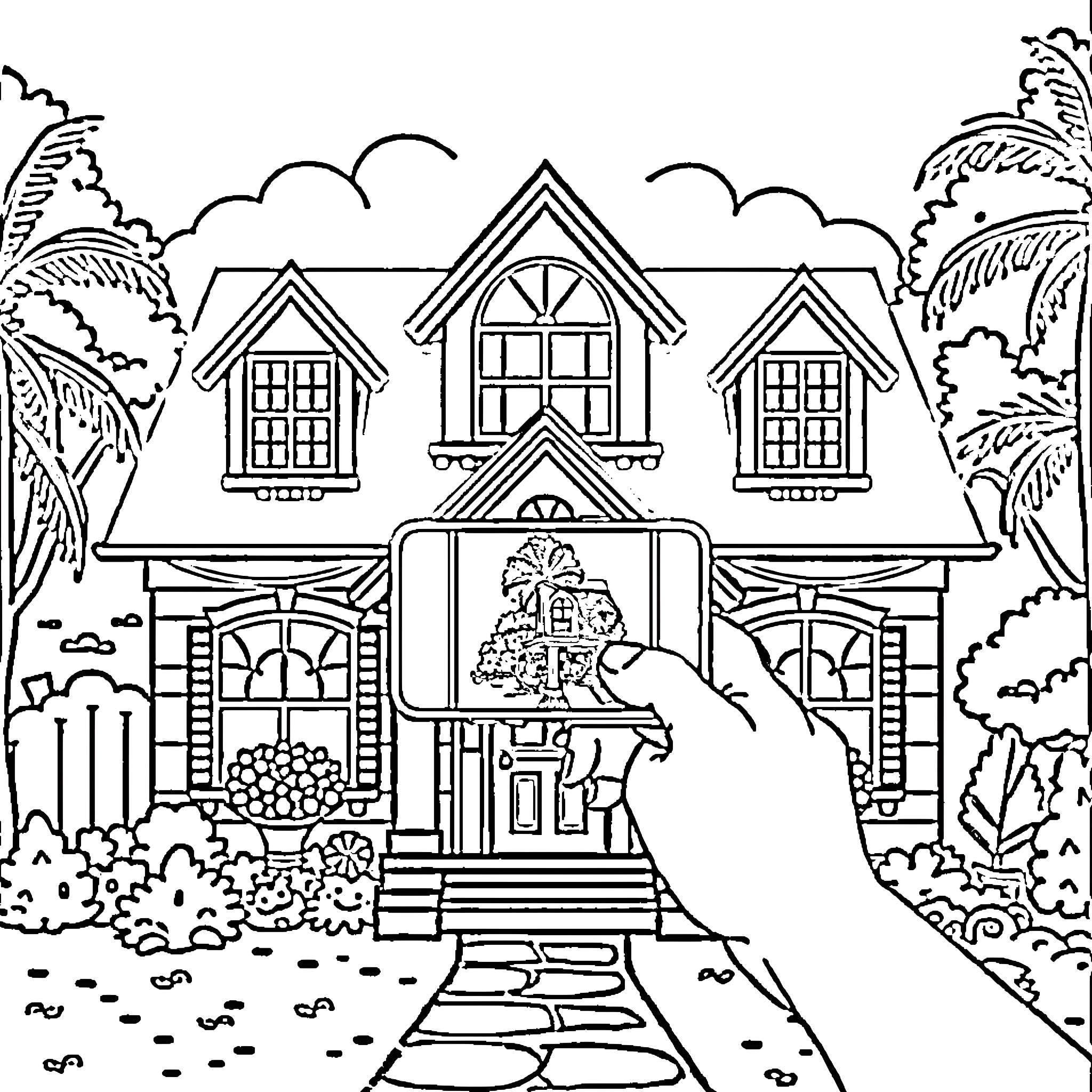 House with decorative elements and nature surroundings Coloring Page (free black-and-white line drawing printable PDF for all, from beginners to advanced learners, including children, teens, adults, and seniors)
