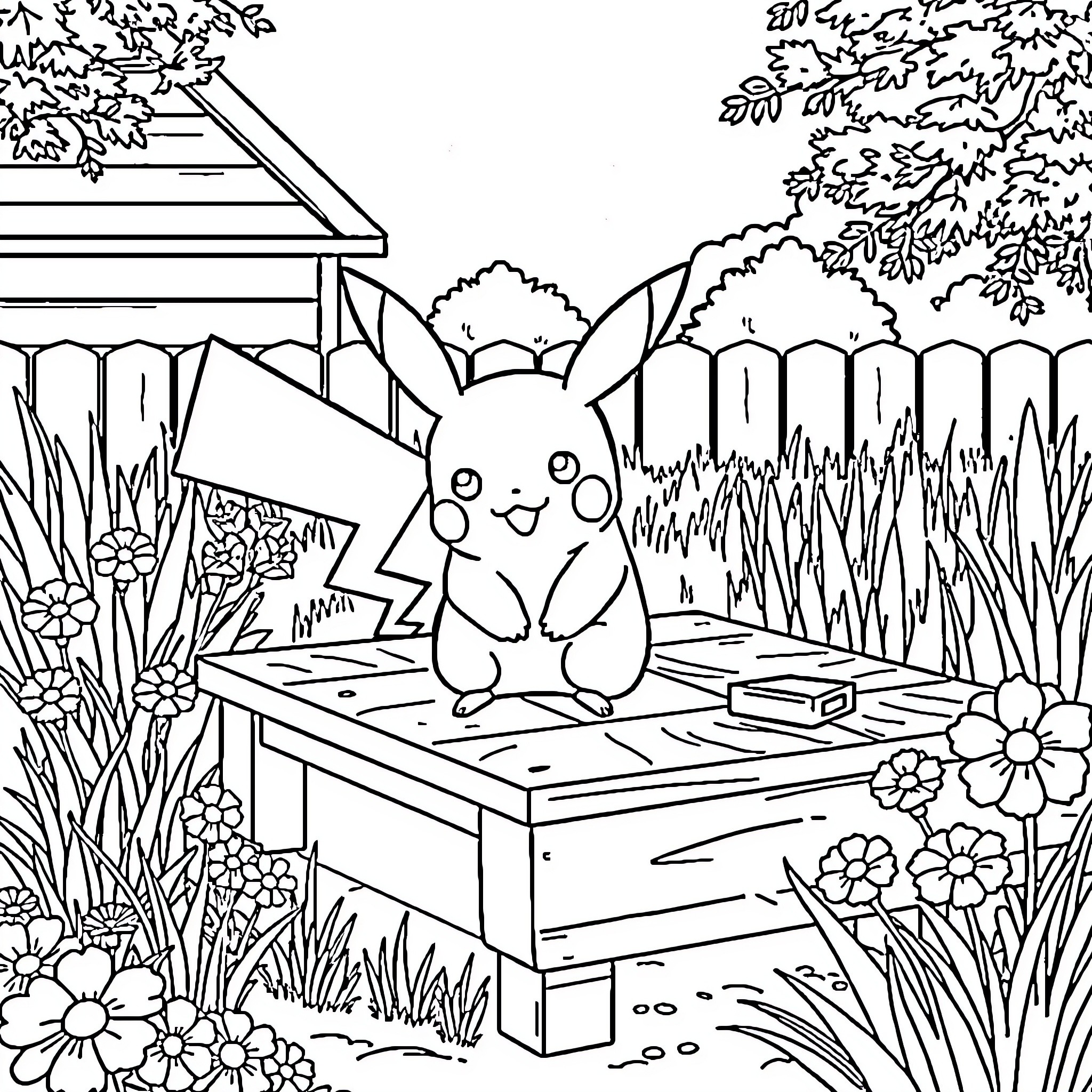 Pikachu resting happily in the garden Coloring Page (free black-and-white line drawing printable PDF for all, from beginners to advanced learners, including children, teens, adults, and seniors)