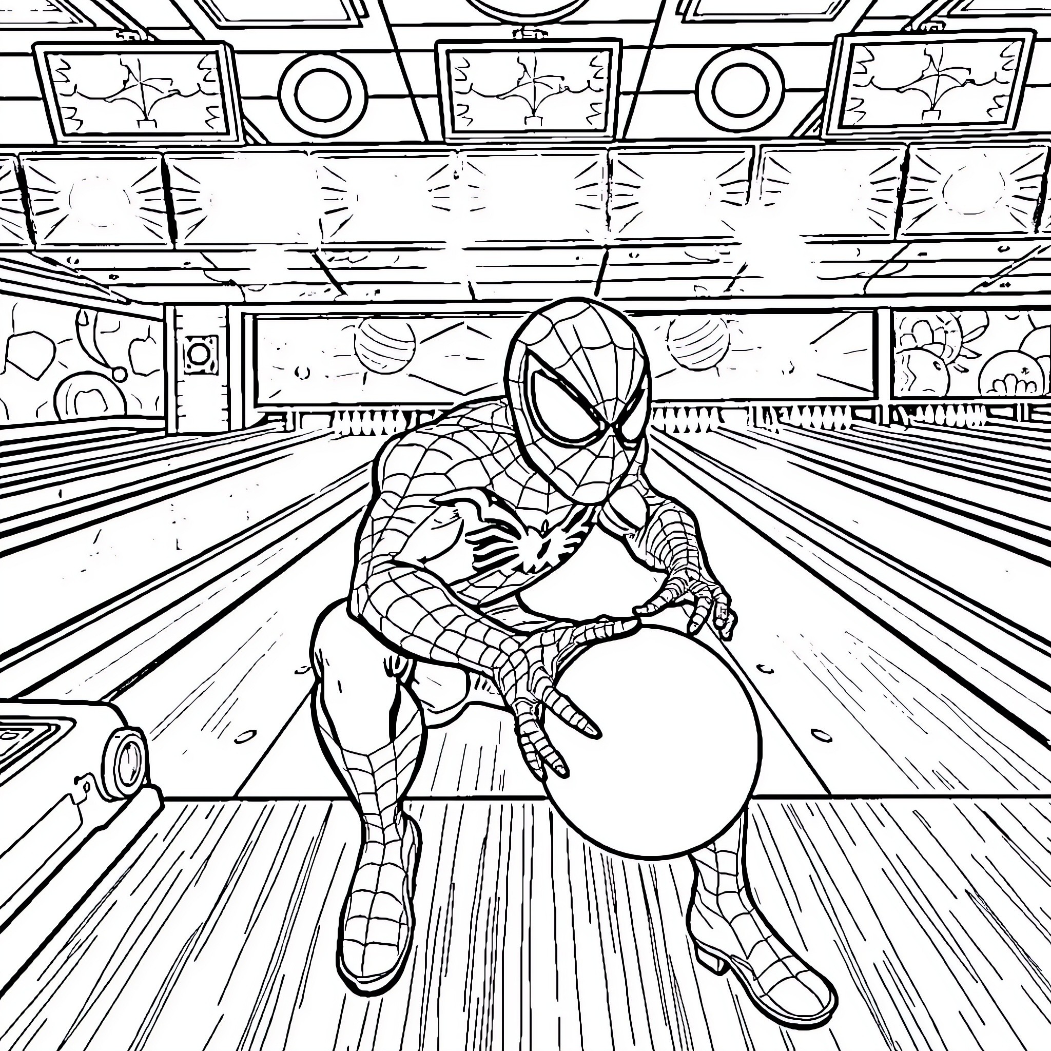 Spider-Man swinging through a bowling alley Coloring Page (free black-and-white line drawing printable PDF for all, from beginners to advanced learners, including children, teens, adults, and seniors)