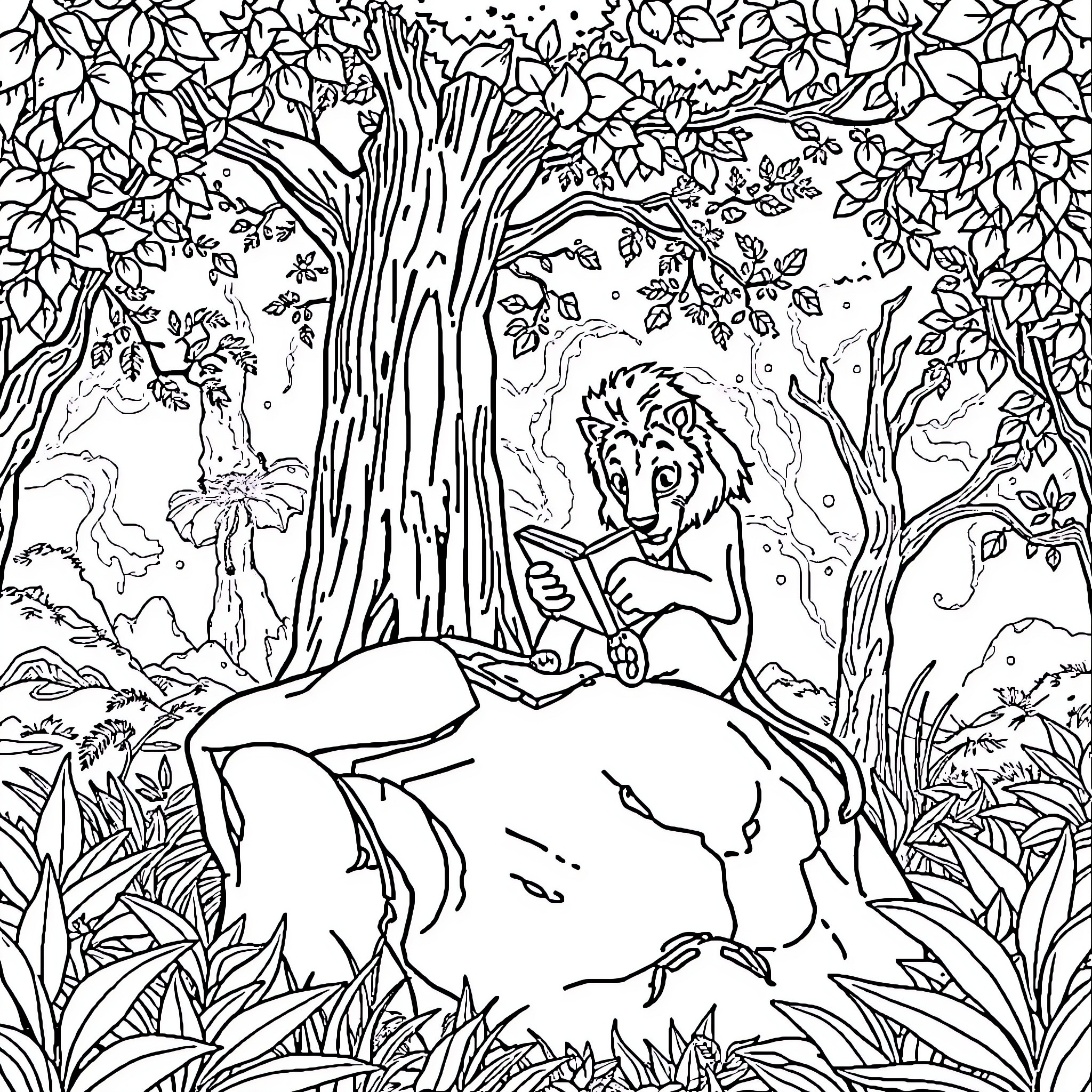 Lion resting peacefully in lush forest setting Coloring Page (free black-and-white line drawing printable PDF for all, from beginners to advanced learners, including children, teens, adults, and seniors)