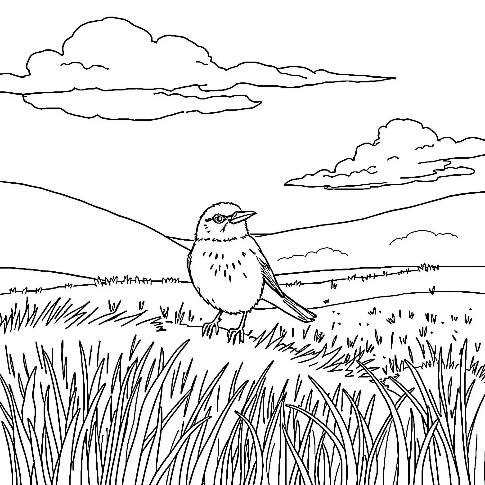 Scarecrow bird observing the tranquil landscape Coloring Page (free black-and-white line drawing printable PDF for all, from beginners to advanced learners, including children, teens, adults, and seniors)