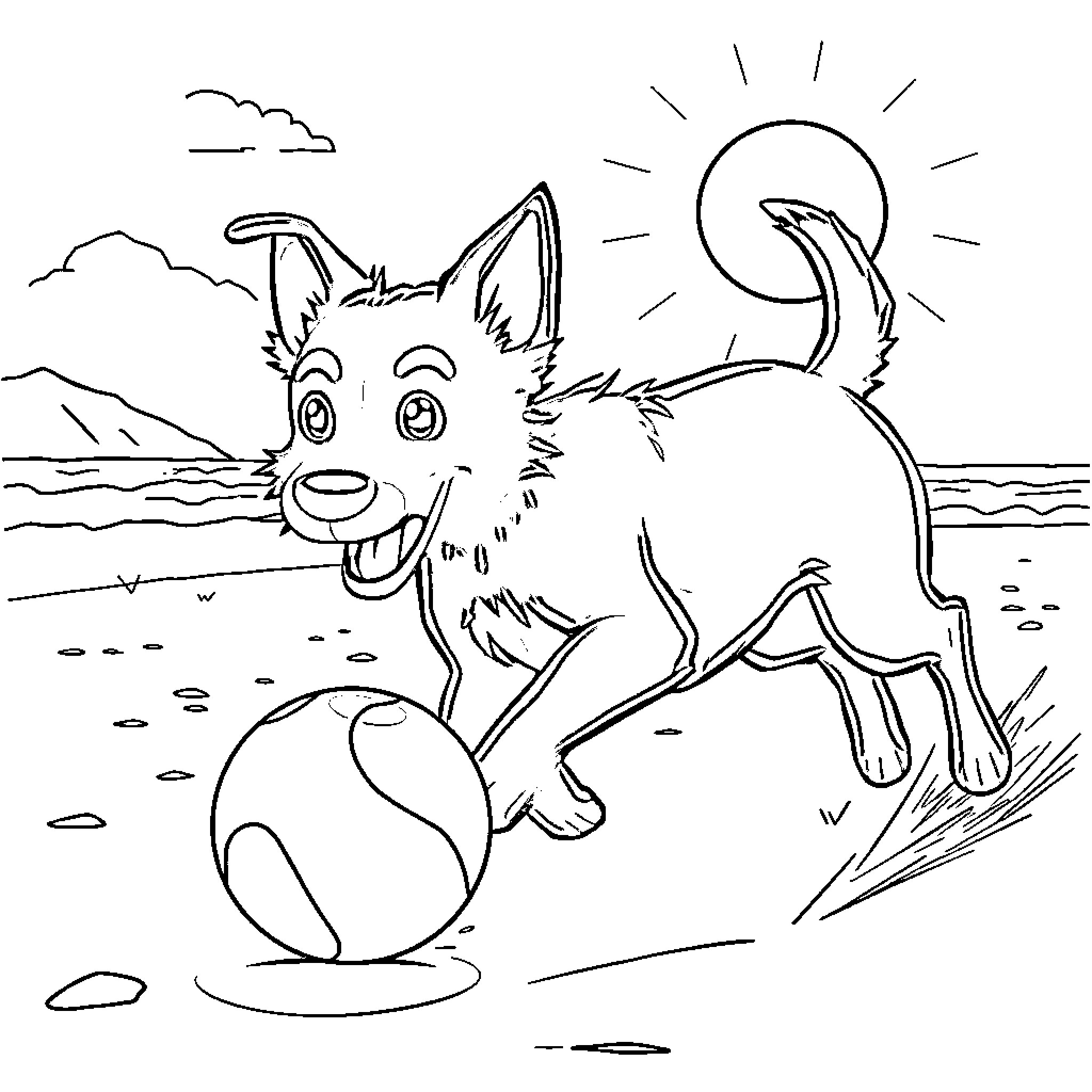 Dog playing with a ball on the beach Coloring Page (free black-and-white line drawing printable PDF for all, from beginners to advanced learners, including children, teens, adults, and seniors)