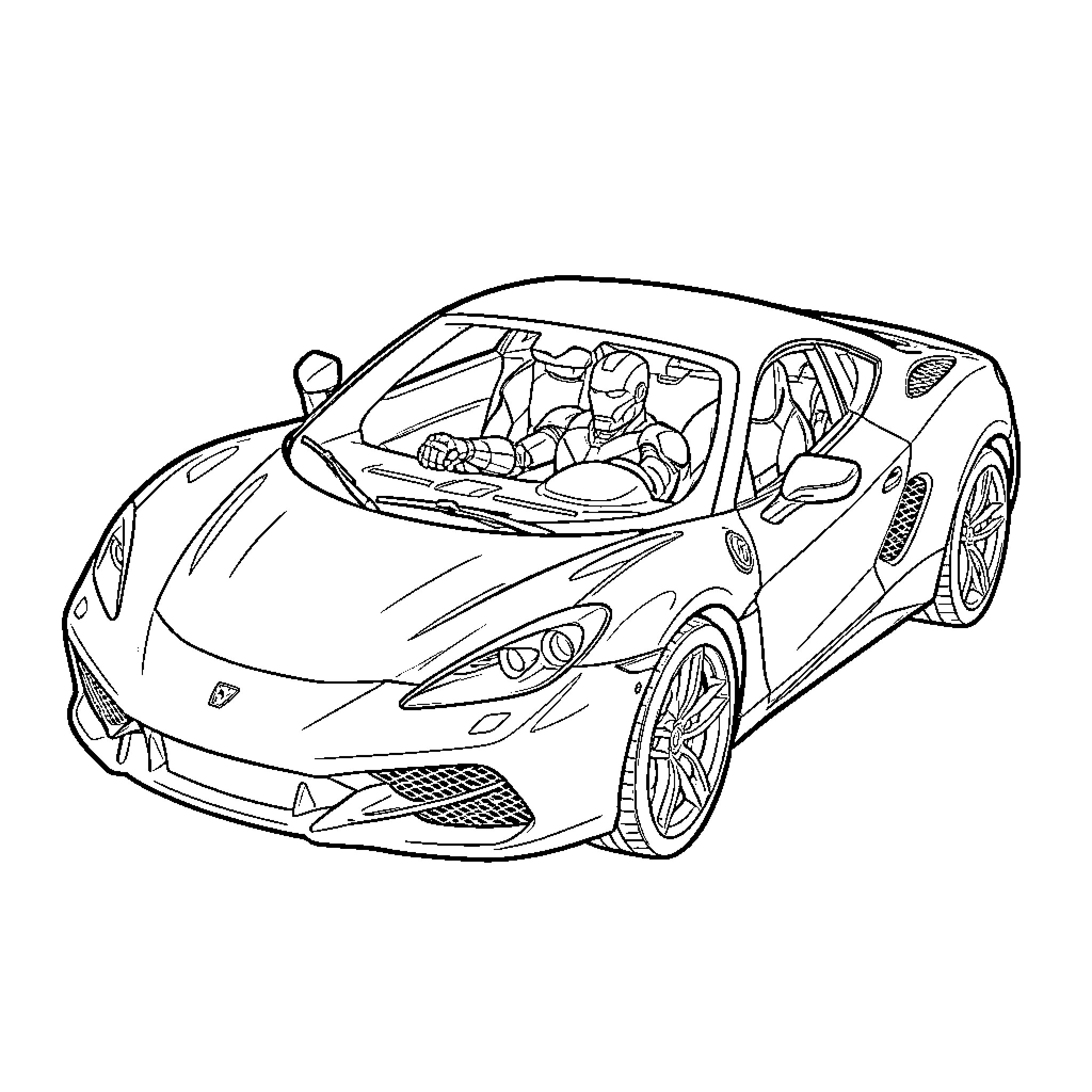 Iron Man's Iconic Sports Car Unleashed Coloring Page (free black-and-white line drawing printable PDF for all, from beginners to advanced learners, including children, teens, adults, and seniors)