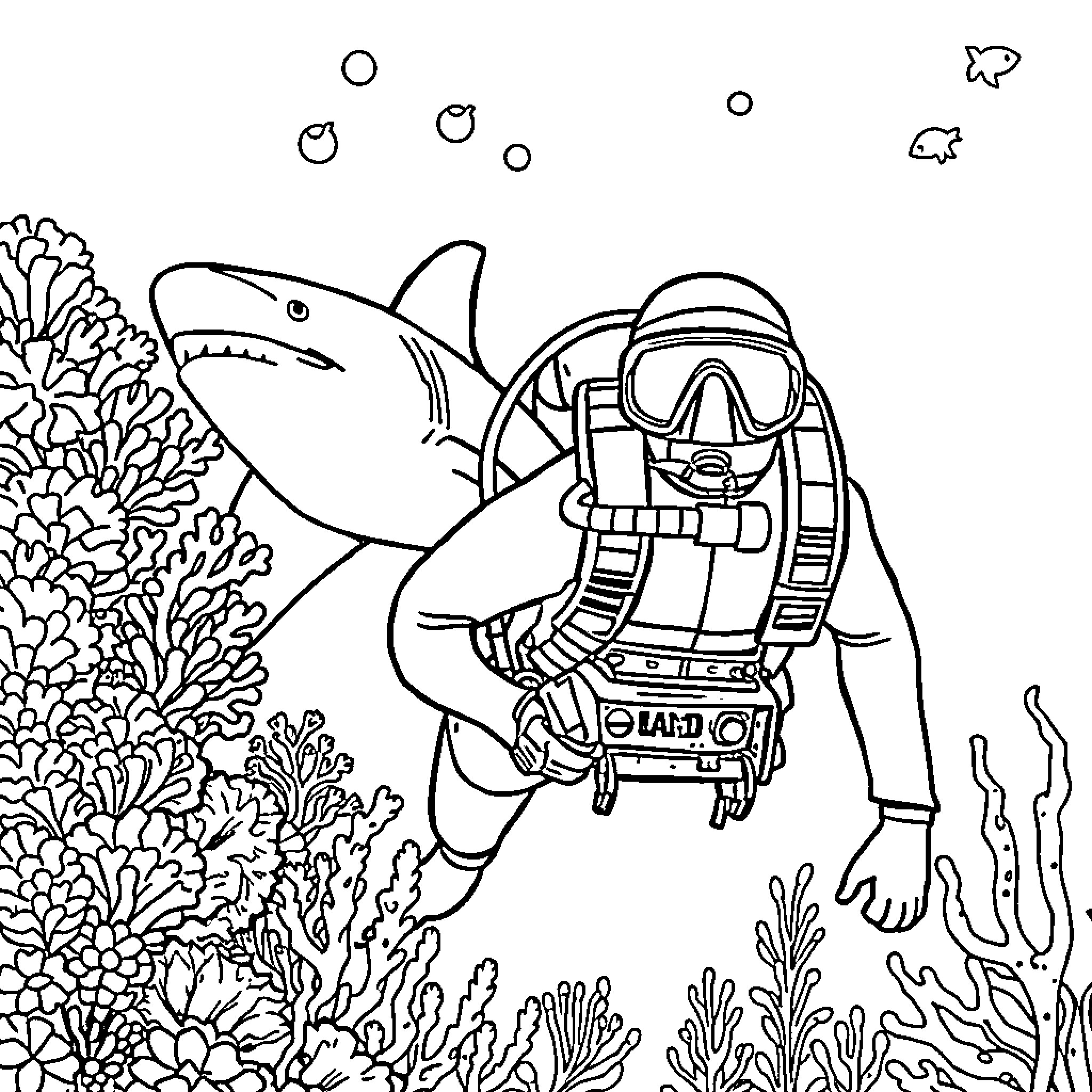 Diver exploring underwater coral reef with shark Coloring Page (free black-and-white line drawing printable PDF for all, from beginners to advanced learners, including children, teens, adults, and seniors)