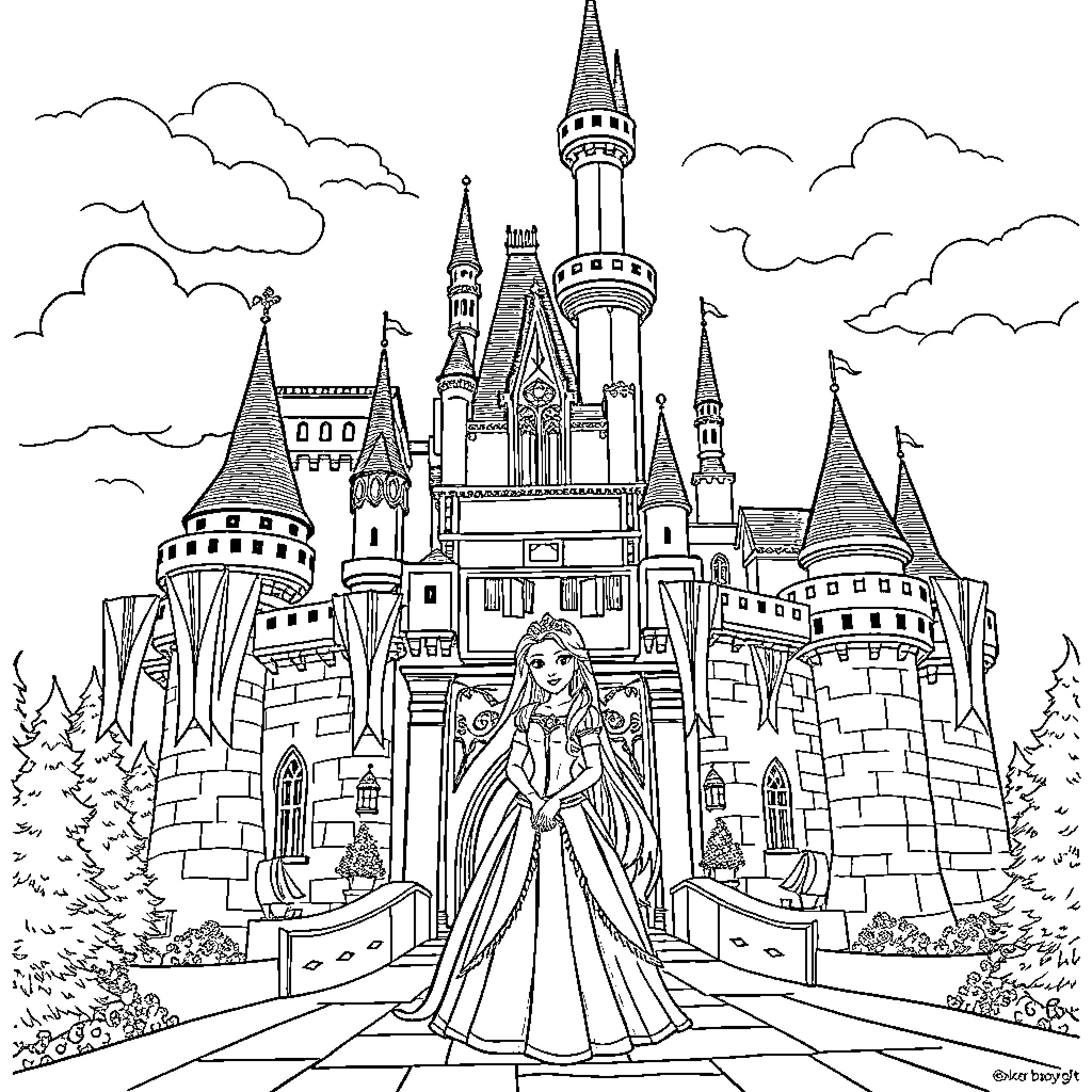 Rapunzel standing in front of enchanted castle Coloring Page (free black-and-white line drawing printable PDF for all, from beginners to advanced learners, including children, teens, adults, and seniors)
