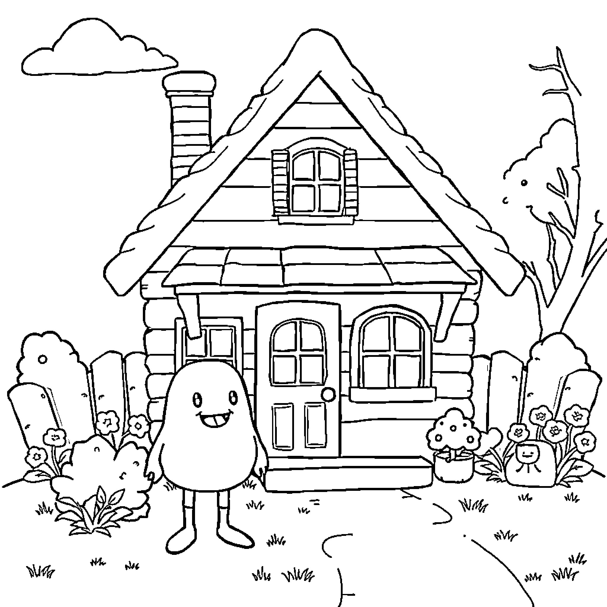House with Friendly Creatures in Snowy Landscape Coloring Page (free black-and-white line drawing printable PDF for all, from beginners to advanced learners, including children, teens, adults, and seniors)