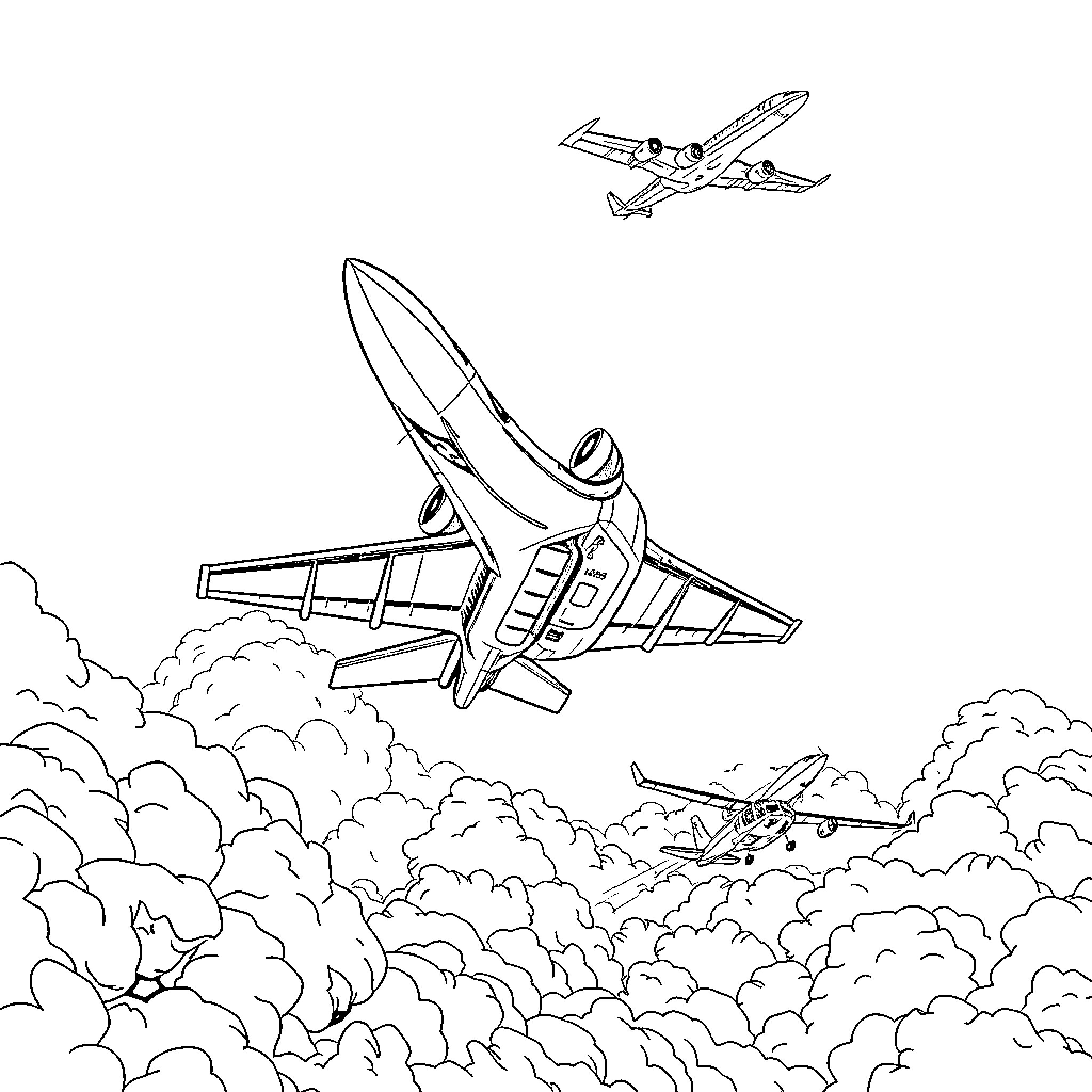 Aircraft soaring amidst clouds in the sky Coloring Page (free black-and-white line drawing printable PDF for all, from beginners to advanced learners, including children, teens, adults, and seniors)