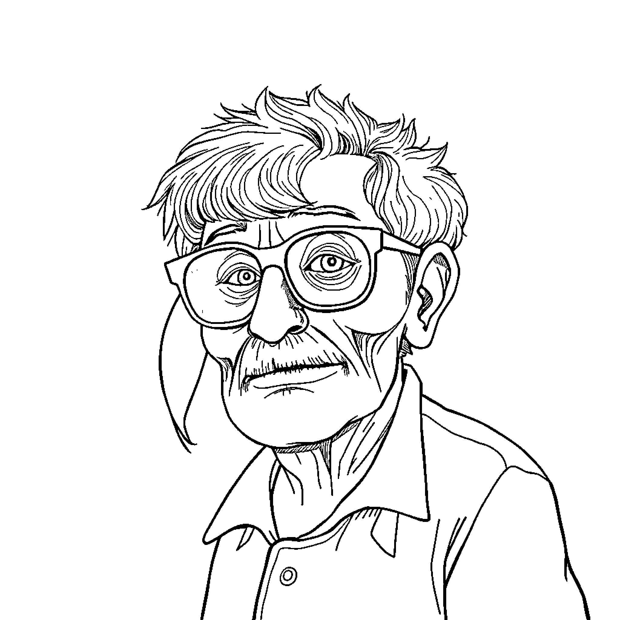 Drawing of a Man with Glasses and Expressive Features Coloring Page (free black-and-white line drawing printable PDF for all, from beginners to advanced learners, including children, teens, adults, and seniors)