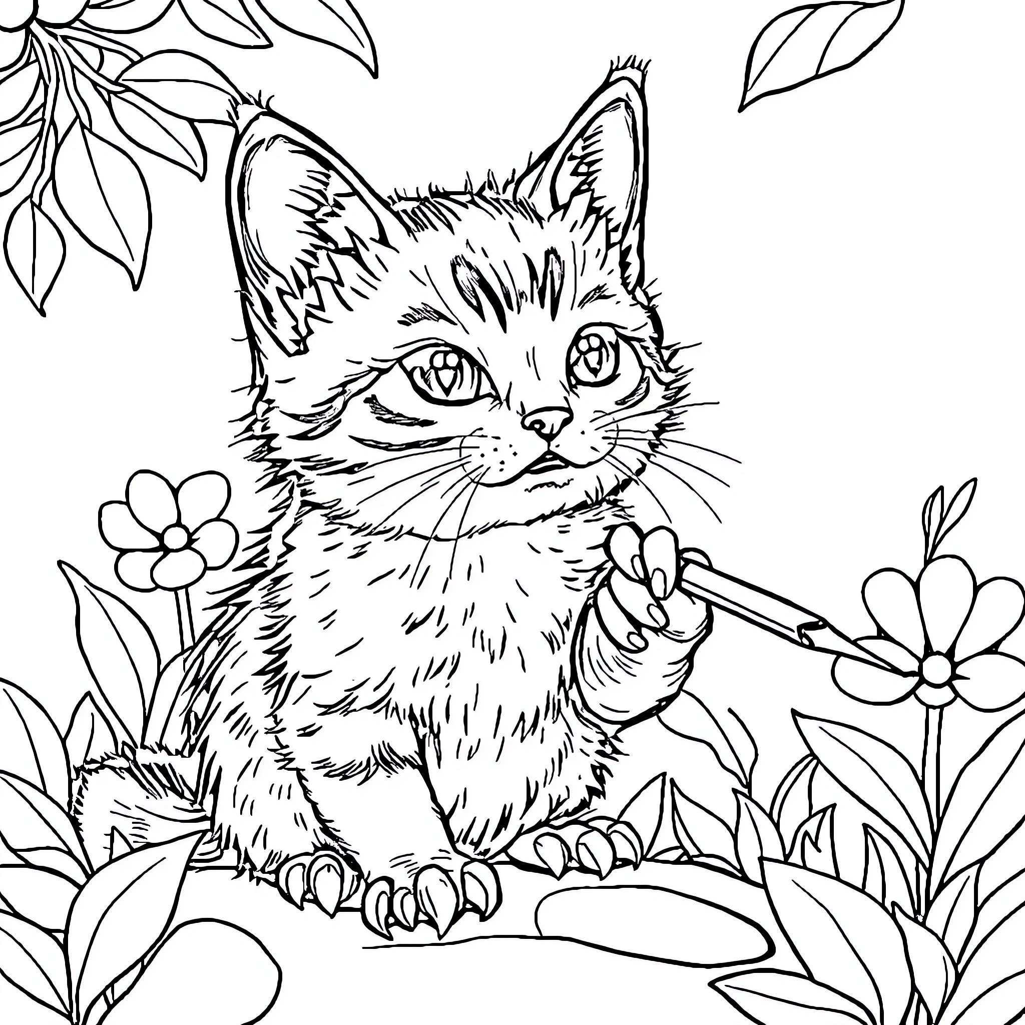 Cat exploring a floral garden Coloring Page (free black-and-white line drawing printable PDF for all, from beginners to advanced learners, including children, teens, adults, and seniors)