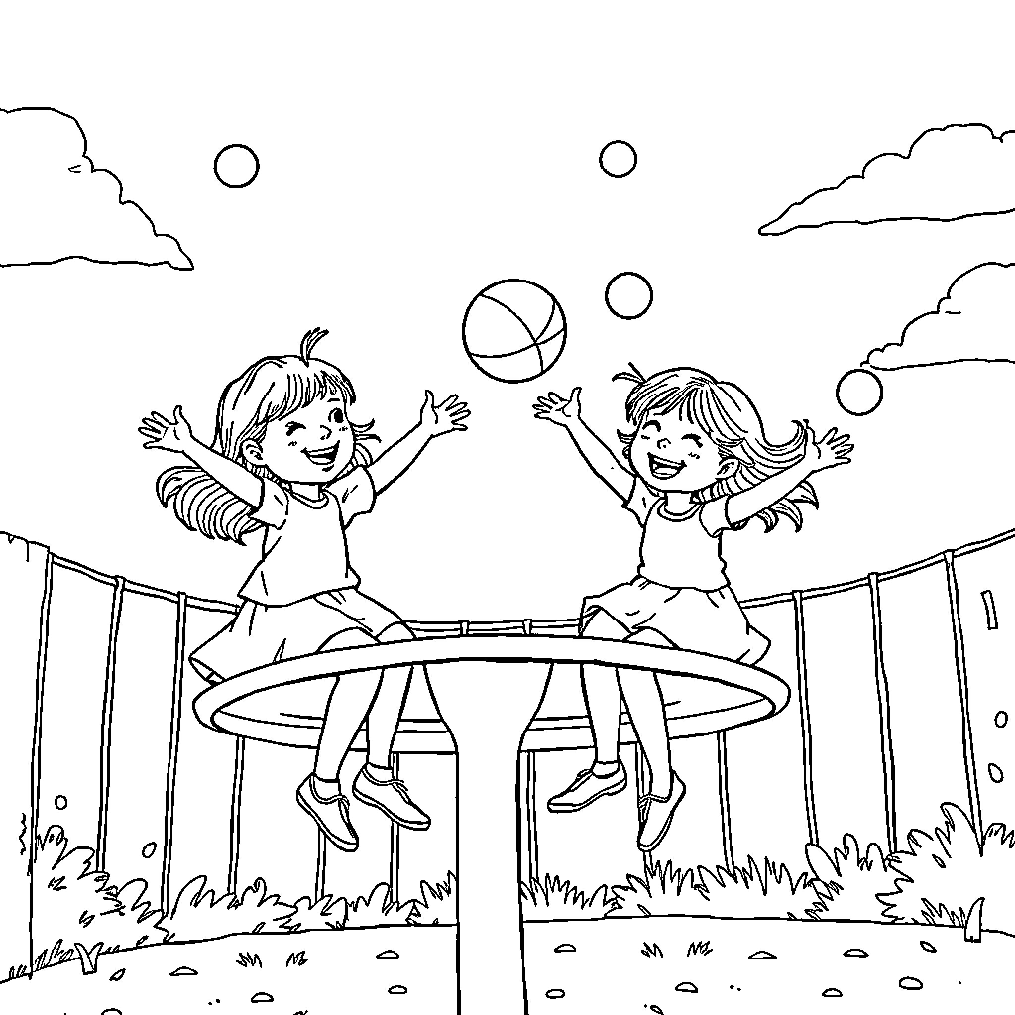 Filles joyeuses jouant à la balle sur un trampoline Coloring Page (free black-and-white line drawing printable PDF for all, from beginners to advanced learners, including children, teens, adults, and seniors)
