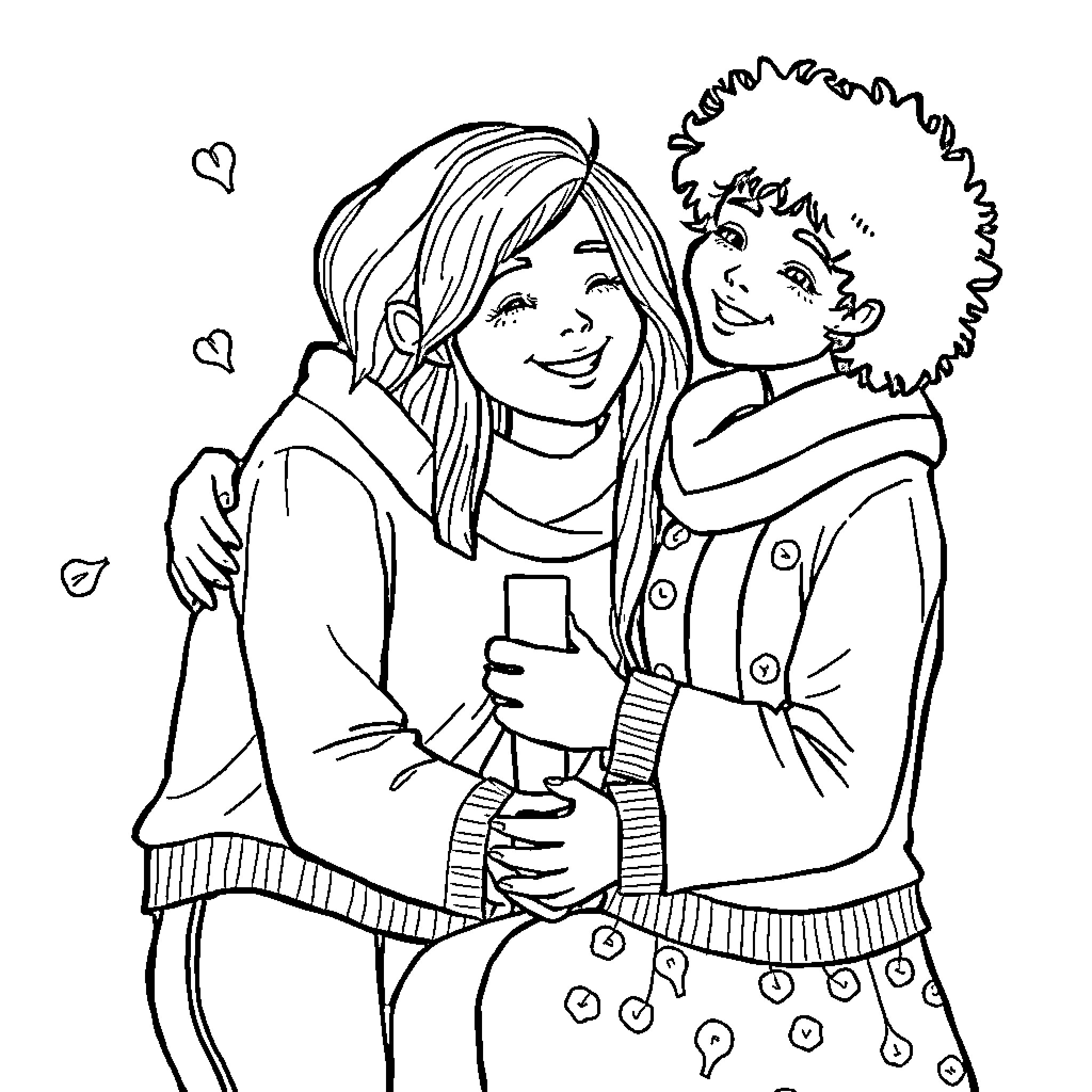 Bear couple embracing in winter attire Coloring Page (free black-and-white line drawing printable PDF for all, from beginners to advanced learners, including children, teens, adults, and seniors)