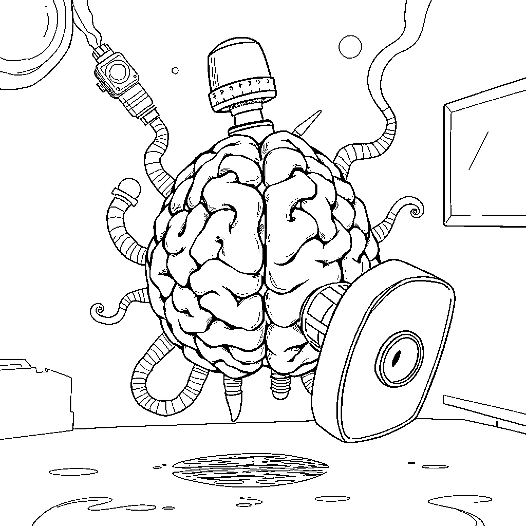 Brainrot: Malfunctioning Mechanical Brain Coloring Page (free black-and-white line drawing printable PDF for all, from beginners to advanced learners, including children, teens, adults, and seniors)