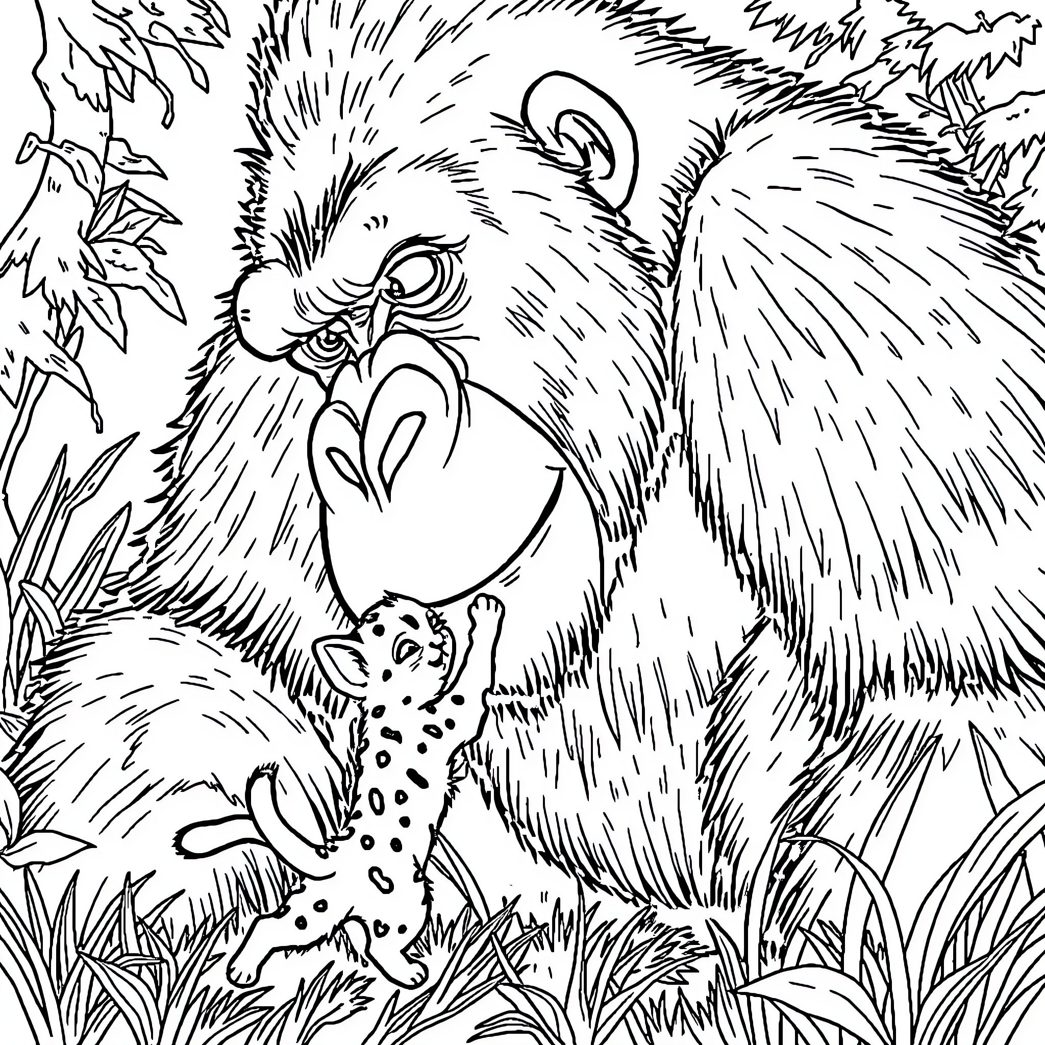 Cat in nature with leopard print companion Coloring Page (free black-and-white line drawing printable PDF for all, from beginners to advanced learners, including children, teens, adults, and seniors)