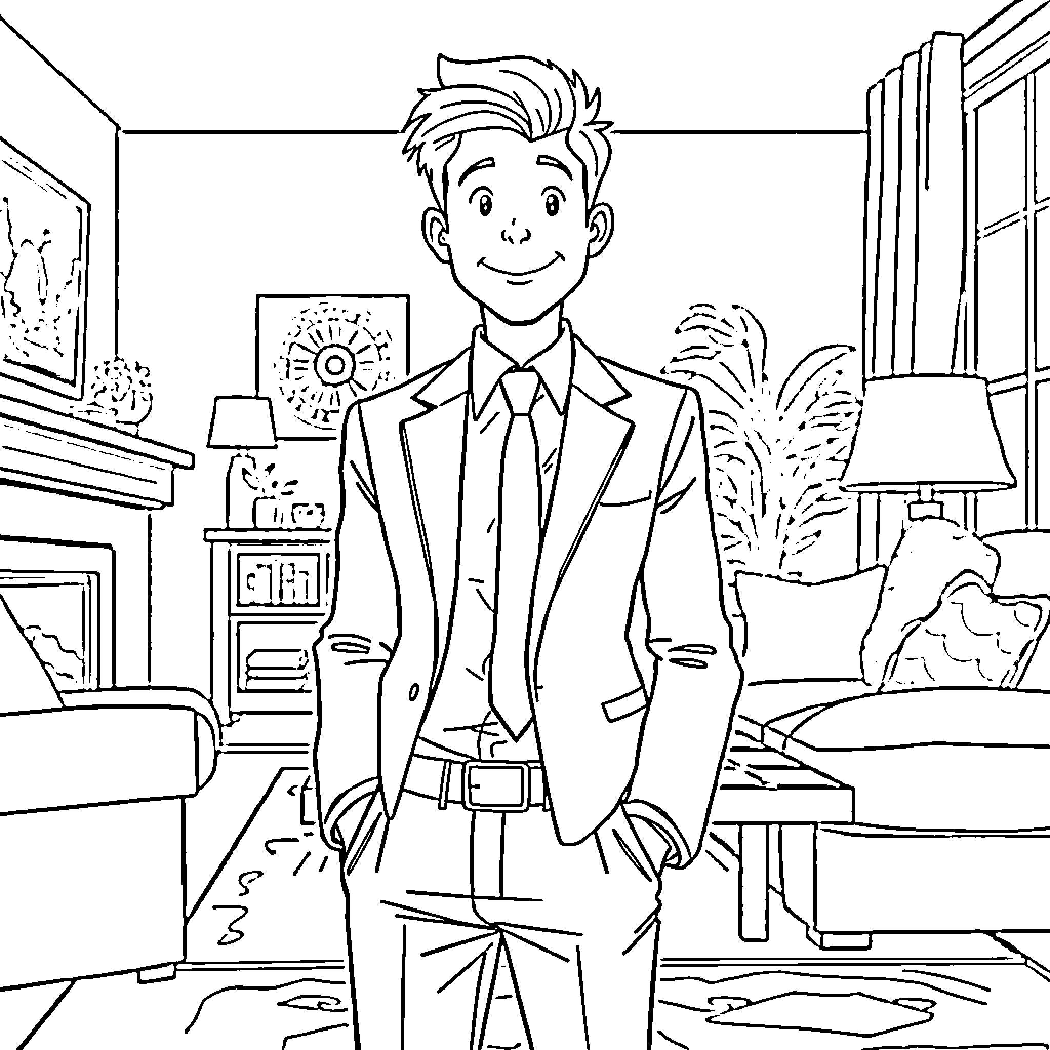 Alex P Keaton Dressed for Success in Formal Attire Coloring Page (free black-and-white line drawing printable PDF for all, from beginners to advanced learners, including children, teens, adults, and seniors)