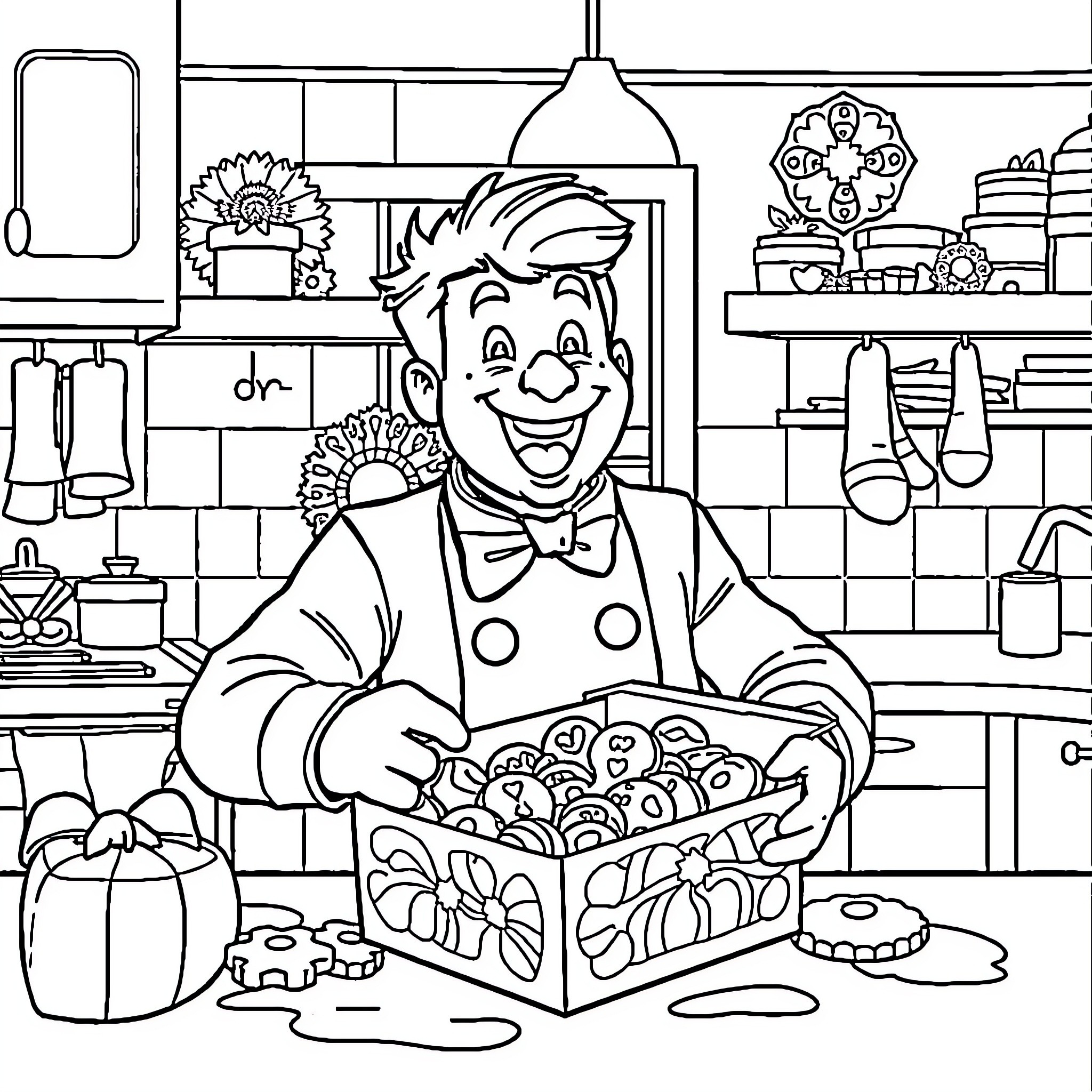 Mr. Terrific's Delightful Baking Adventure in the Kitchen Coloring Page (free black-and-white line drawing printable PDF for all, from beginners to advanced learners, including children, teens, adults, and seniors)