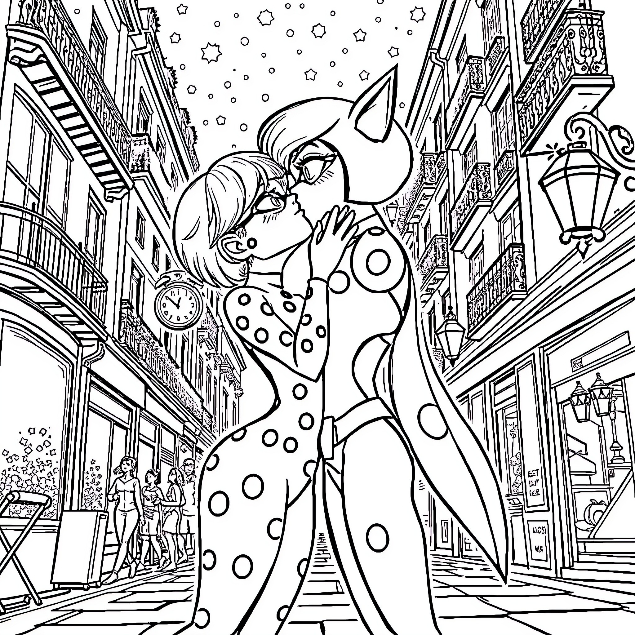 Ladybug Enjoying a Festive Night in the City Coloring Page (free black-and-white line drawing printable PDF for all, from beginners to advanced learners, including children, teens, adults, and seniors)