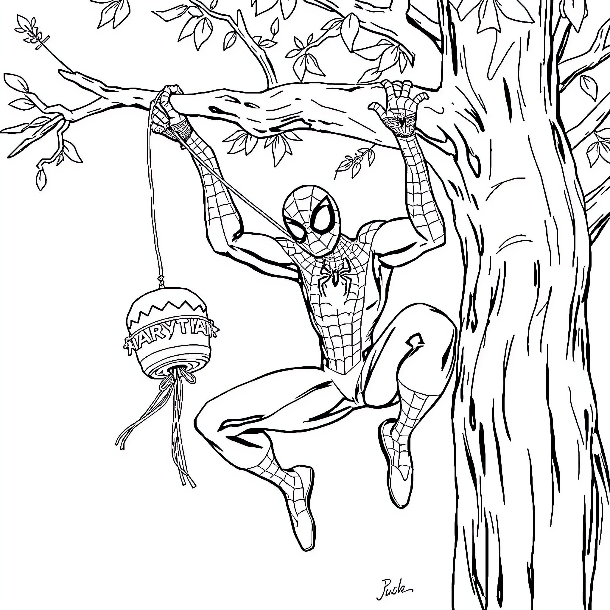 Spidey swinging through lush forest with Easter egg Coloring Page (free black-and-white line drawing printable PDF for all, from beginners to advanced learners, including children, teens, adults, and seniors)