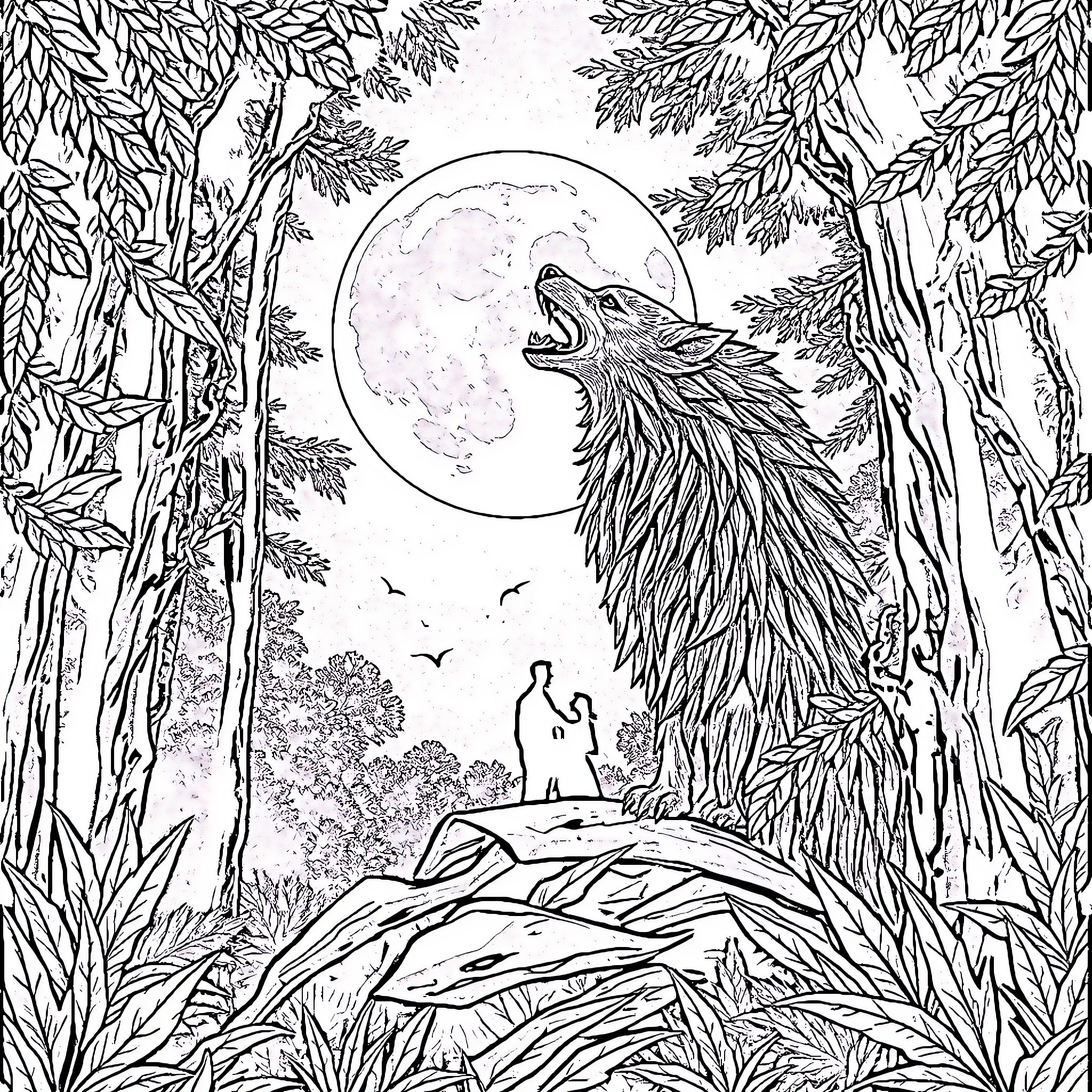Werewolf howling at the full moon in the forest Coloring Page (free black-and-white line drawing printable PDF for all, from beginners to advanced learners, including children, teens, adults, and seniors)