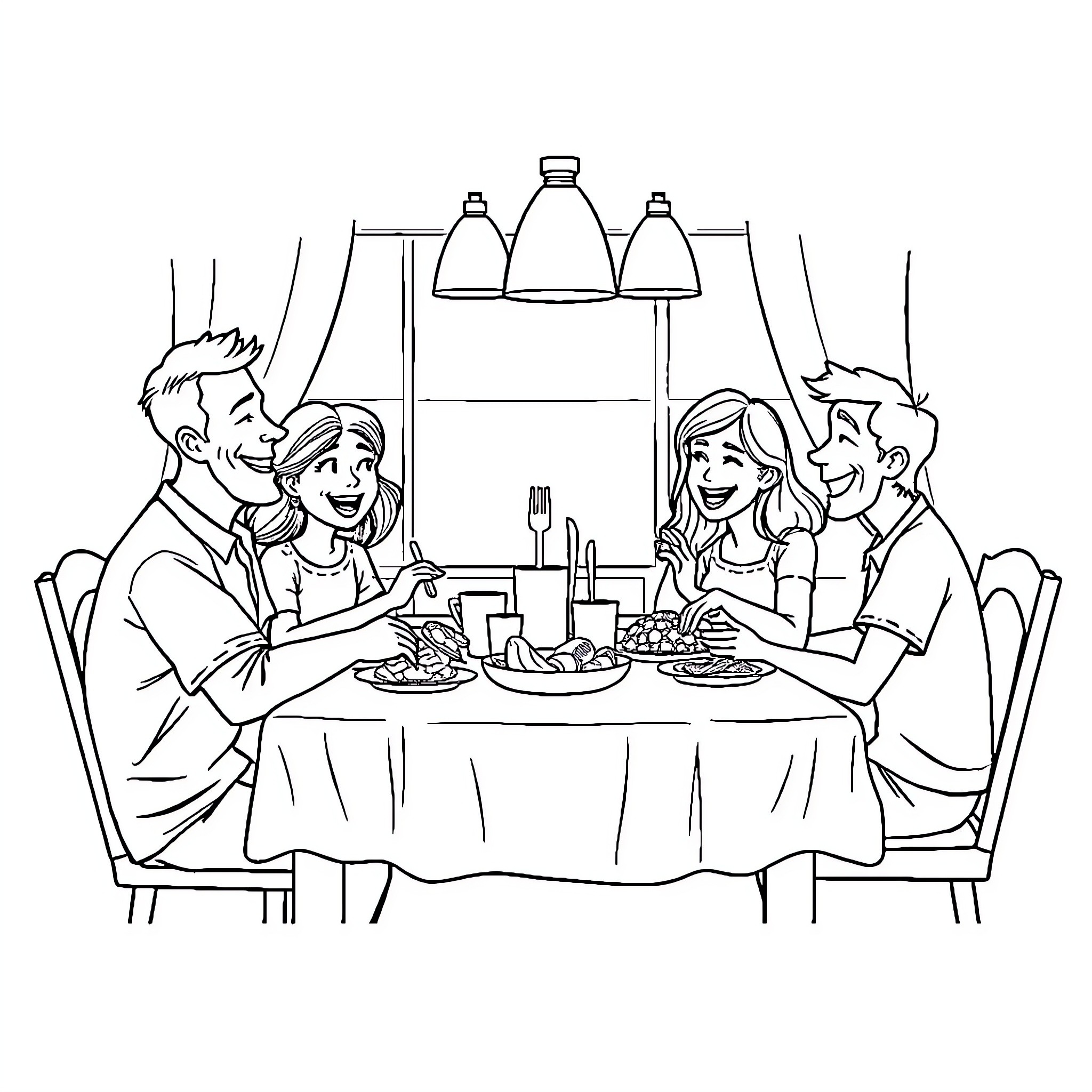 Family Enjoying a Cozy Dinner Together Coloring Page (free black-and-white line drawing printable PDF for all, from beginners to advanced learners, including children, teens, adults, and seniors)