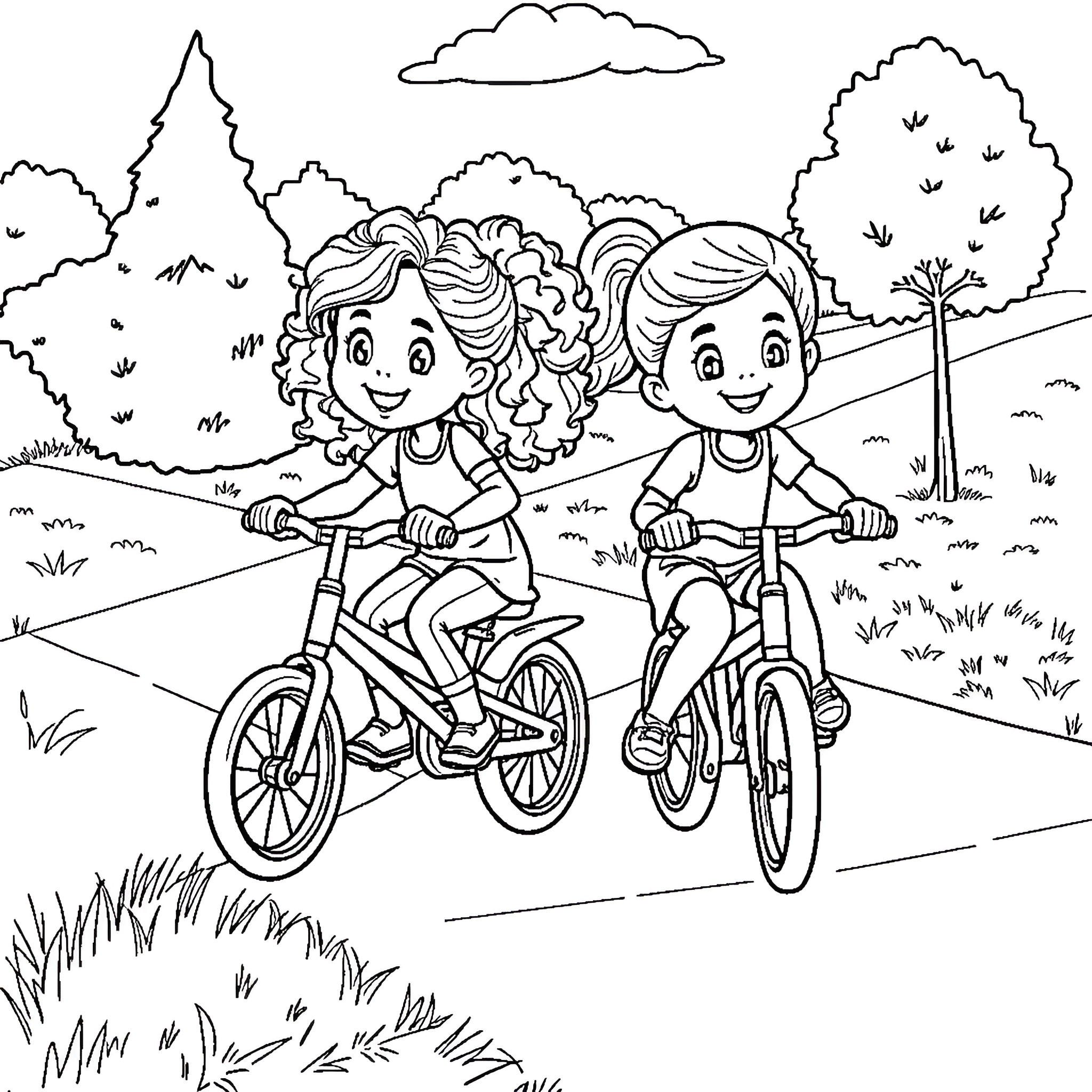Girls Riding Bicycles in the Park Coloring Page (free black-and-white line drawing printable PDF for all, from beginners to advanced learners, including children, teens, adults, and seniors)