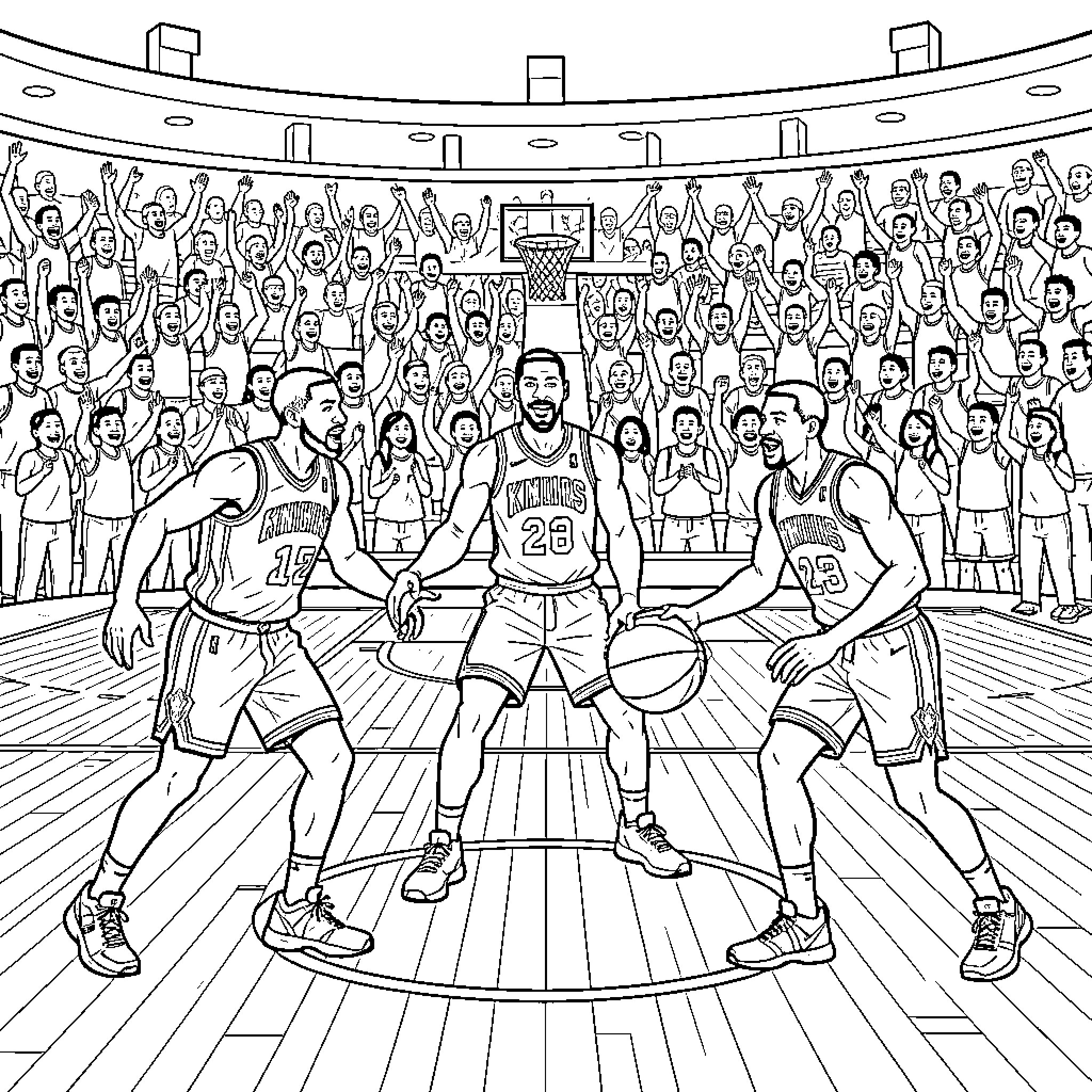 Knicks basketball players competing during an intense game Coloring Page (free black-and-white line drawing printable PDF for all, from beginners to advanced learners, including children, teens, adults, and seniors)