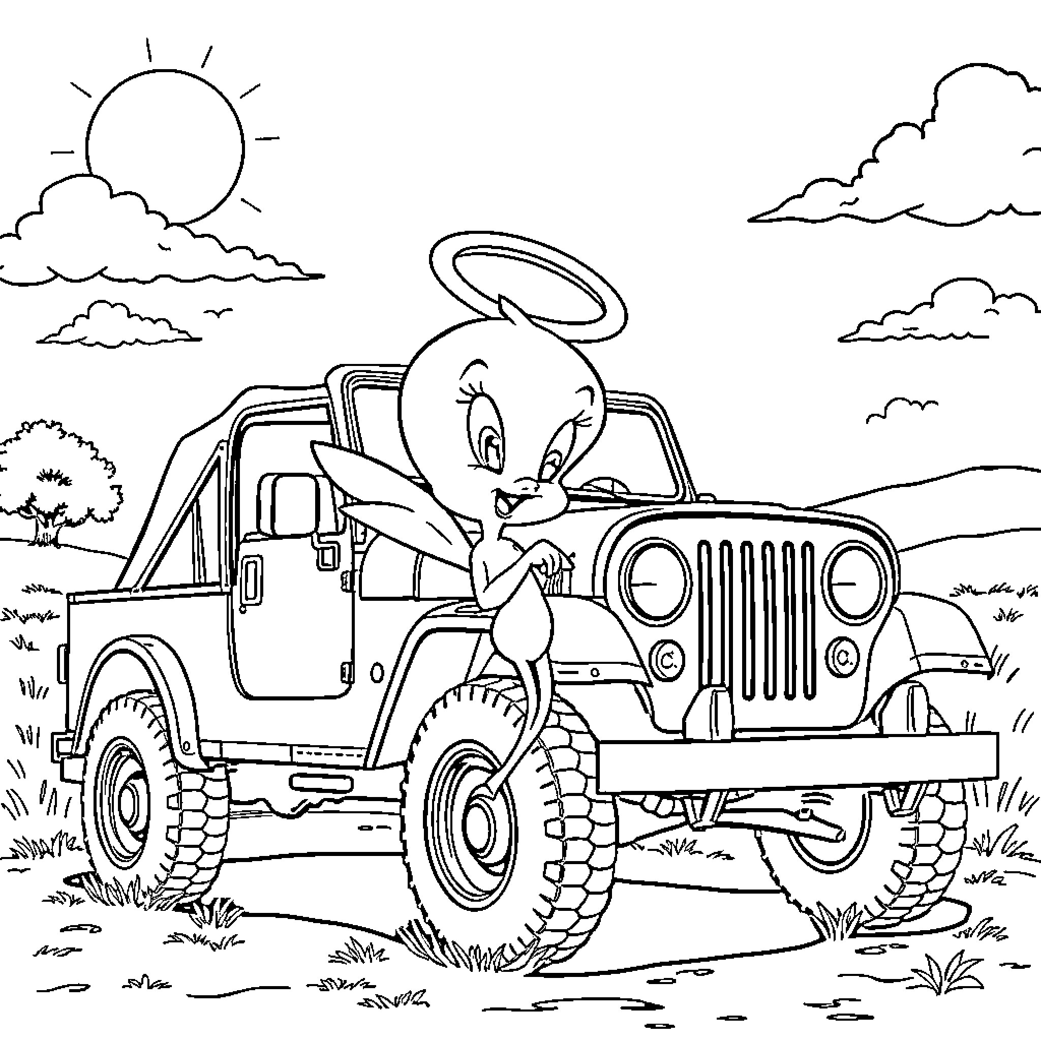 Tweety driving a rugged jeep in the countryside Coloring Page (free black-and-white line drawing printable PDF for all, from beginners to advanced learners, including children, teens, adults, and seniors)