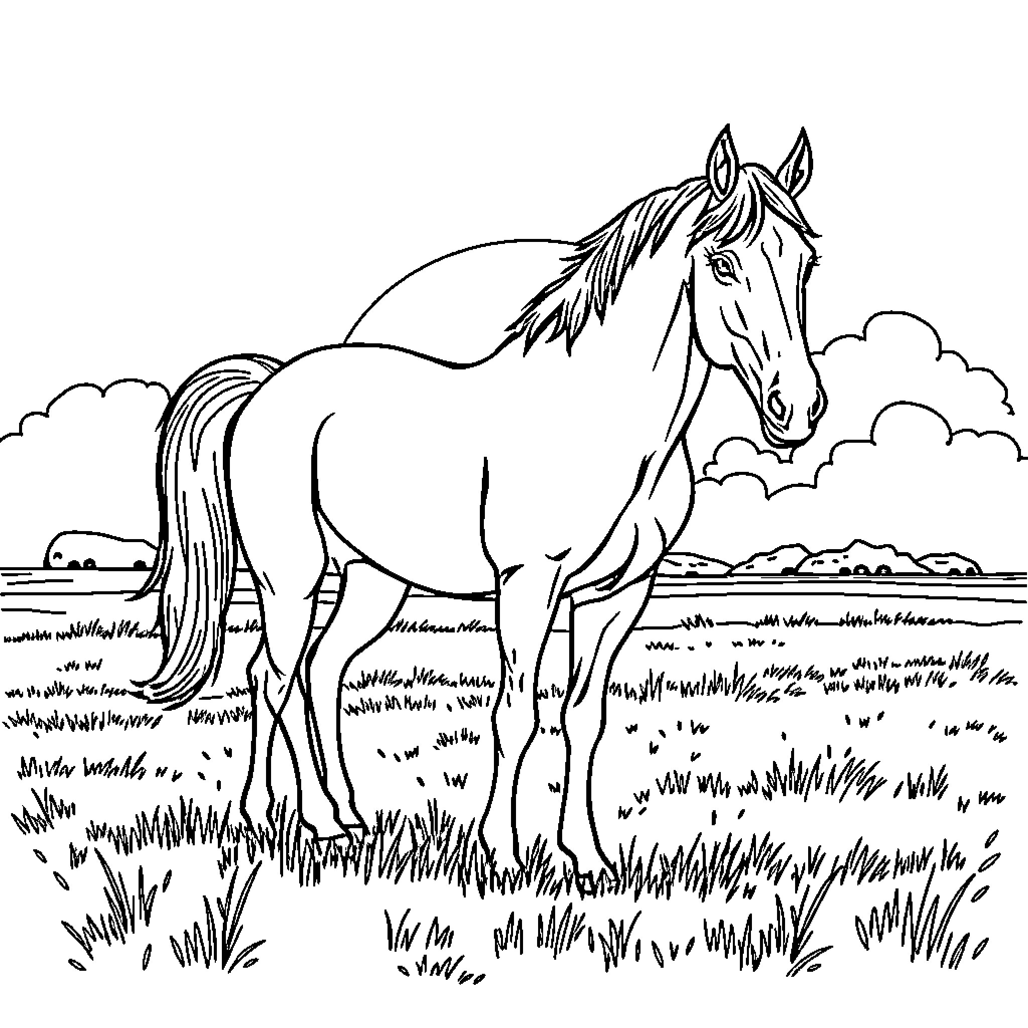Horse grazing peacefully in the countryside Coloring Page (free black-and-white line drawing printable PDF for all, from beginners to advanced learners, including children, teens, adults, and seniors)