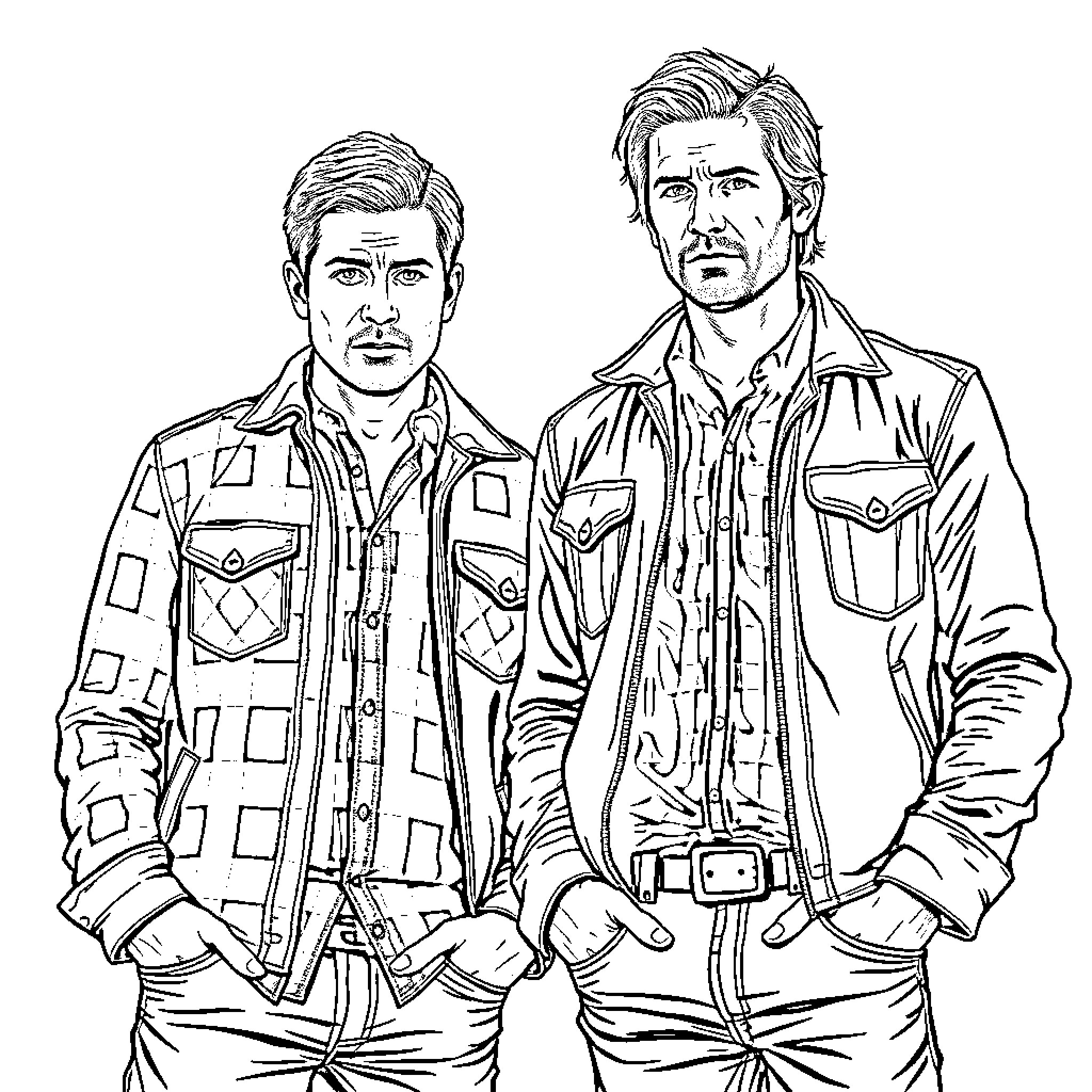 Sam and Dean Winchester - Two brothers in rugged outfits Coloring Page (free black-and-white line drawing printable PDF for all, from beginners to advanced learners, including children, teens, adults, and seniors)