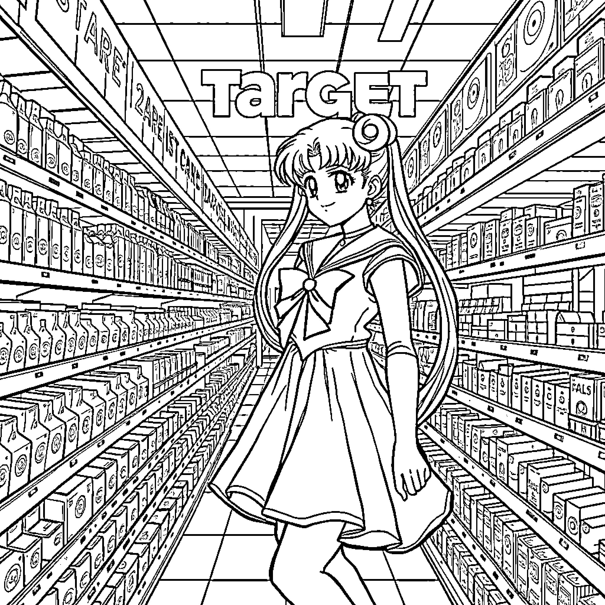 Sailor Moon explores the aisles of a retail store Coloring Page (free black-and-white line drawing printable PDF for all, from beginners to advanced learners, including children, teens, adults, and seniors)