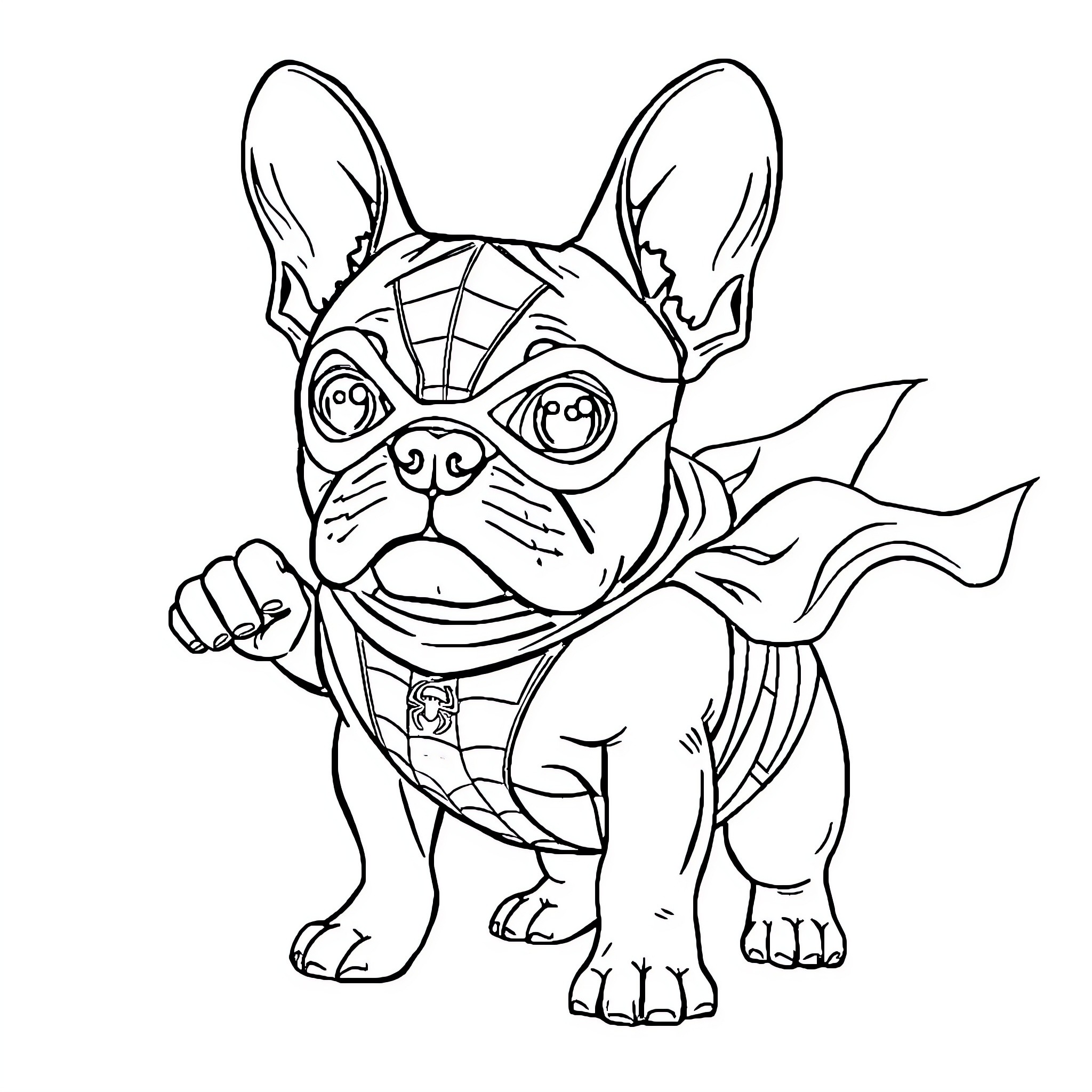 French Bulldog superhero in action pose Coloring Page (free black-and-white line drawing printable PDF for all, from beginners to advanced learners, including children, teens, adults, and seniors)