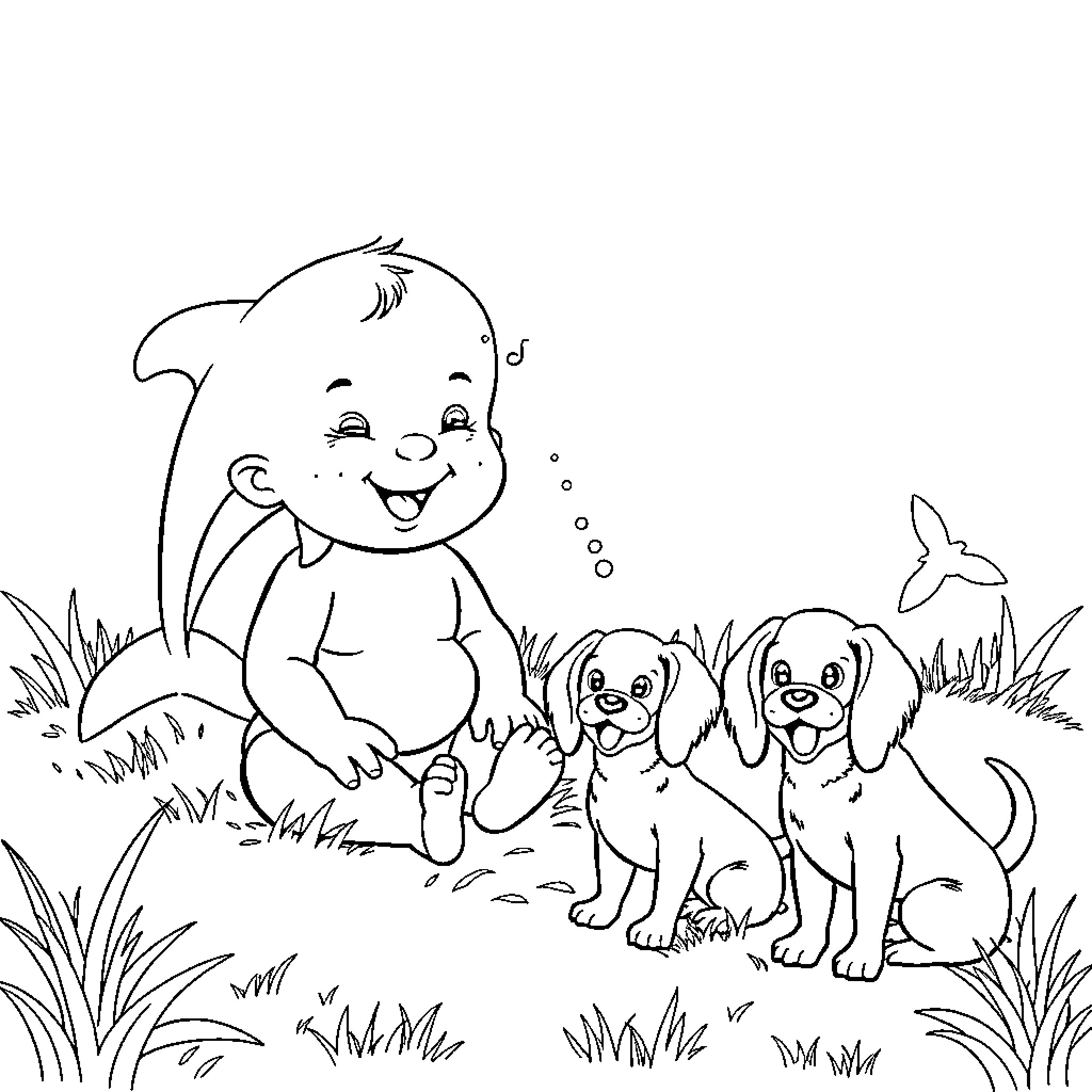 Baby playing with puppies outdoors Coloring Page (free black-and-white line drawing printable PDF for all, from beginners to advanced learners, including children, teens, adults, and seniors)