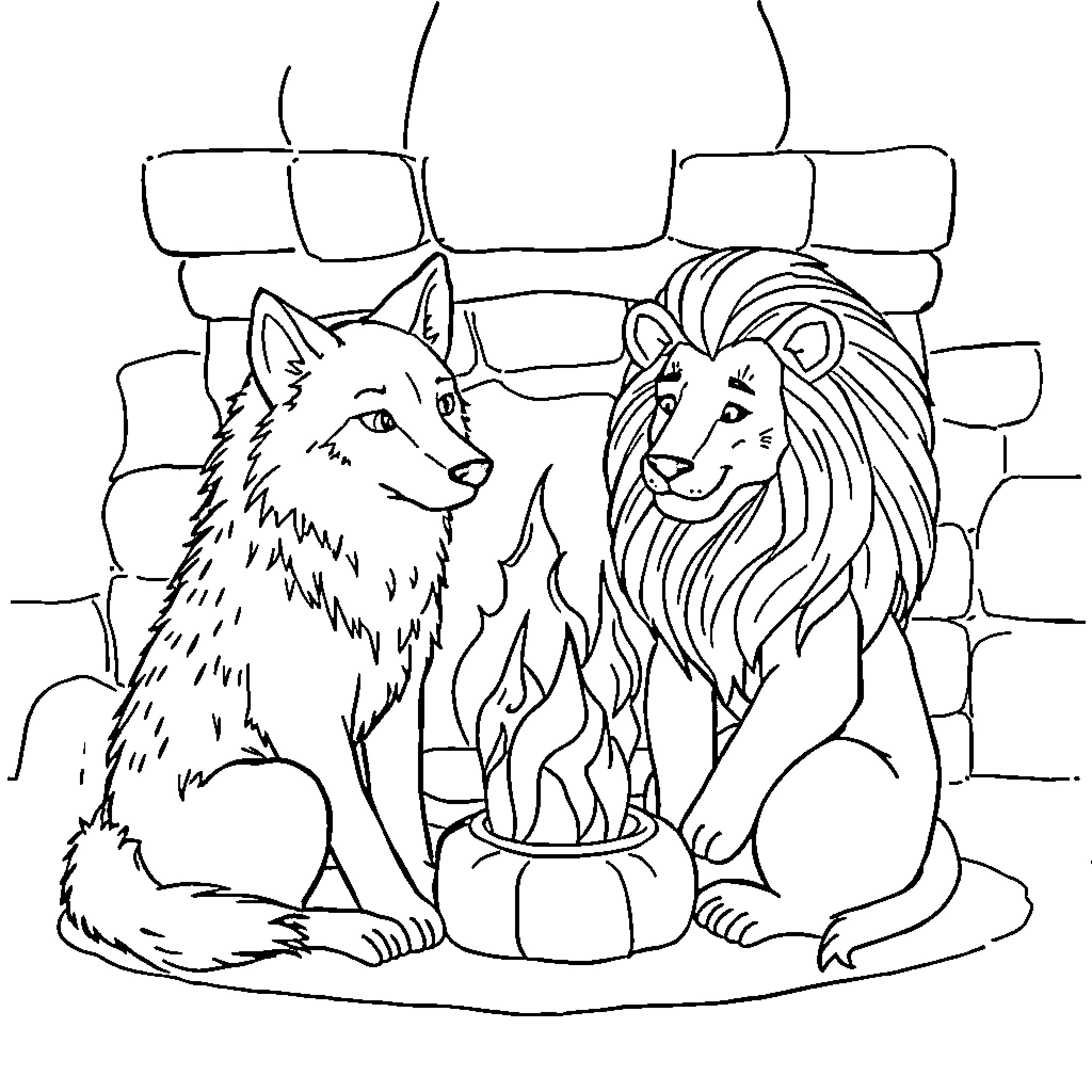 Wolf companions enjoying time together Coloring Page (free black-and-white line drawing printable PDF for all, from beginners to advanced learners, including children, teens, adults, and seniors)