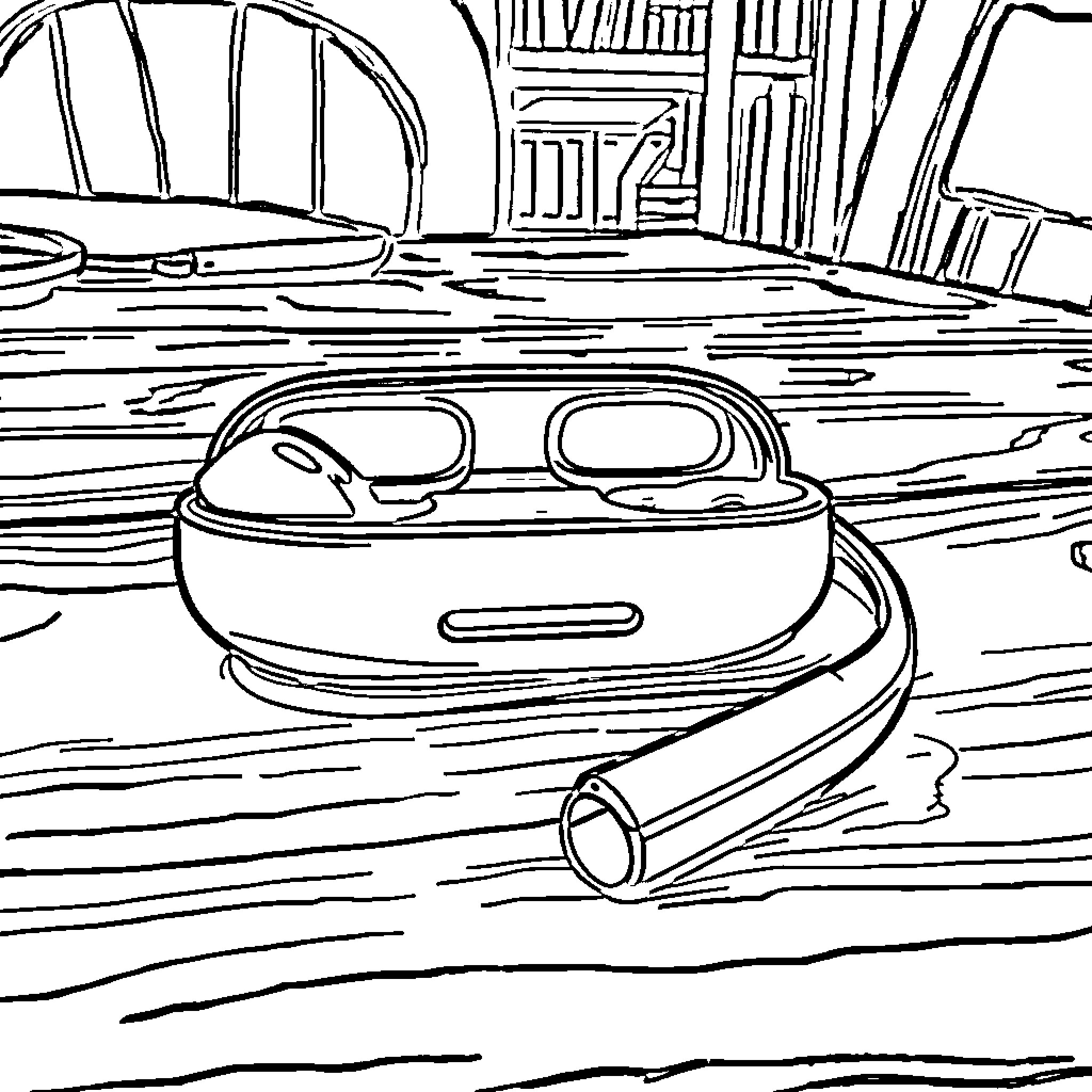 Earbuds left on wooden floor with shelves Coloring Page (free black-and-white line drawing printable PDF for all, from beginners to advanced learners, including children, teens, adults, and seniors)