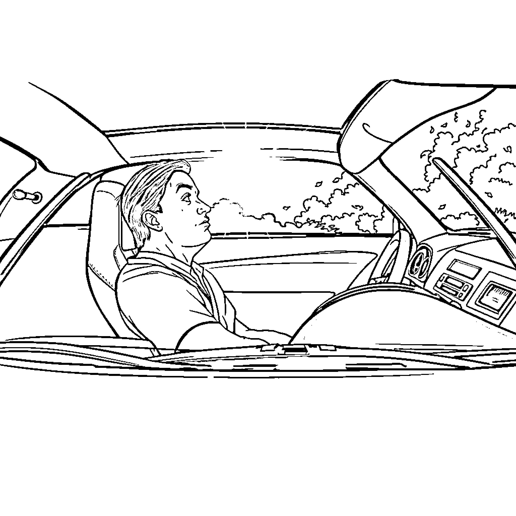 Nissan R35 driver on the road Coloring Page (free black-and-white line drawing printable PDF for all, from beginners to advanced learners, including children, teens, adults, and seniors)