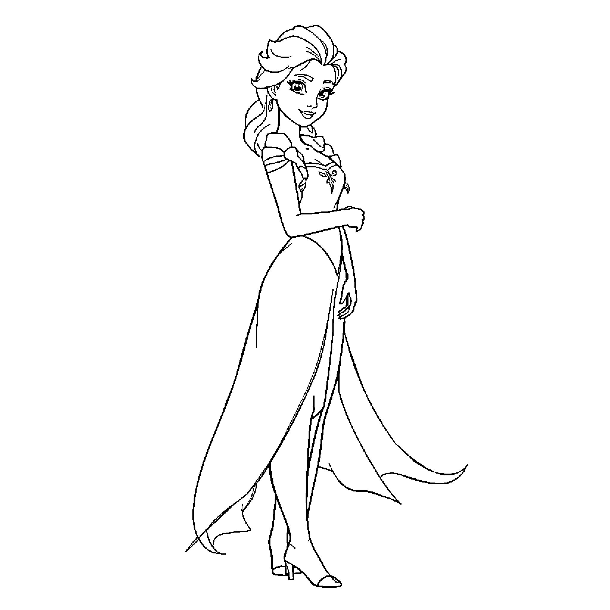 Elsa in a long flowing dress Coloring Page (free black-and-white line drawing printable PDF for all, from beginners to advanced learners, including children, teens, adults, and seniors)