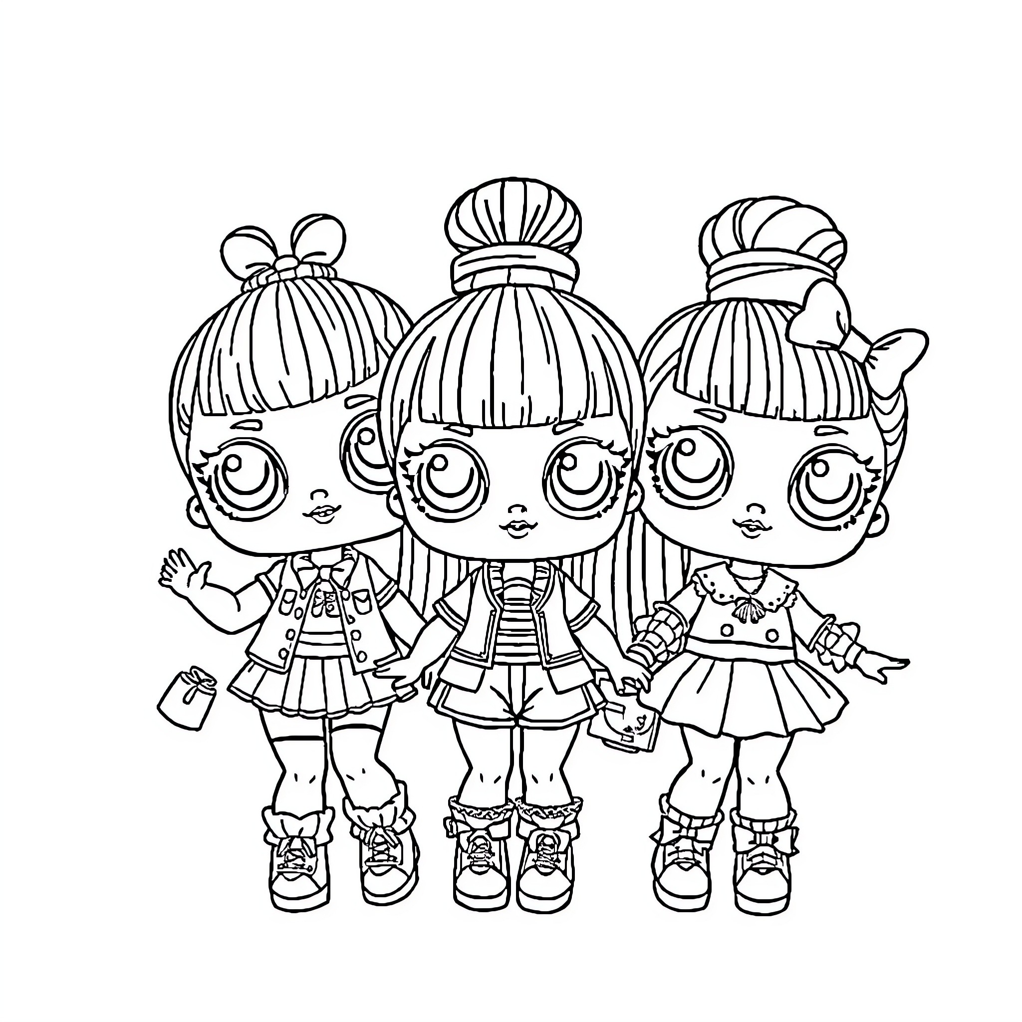 Lol Dolls posing in different outfits Coloring Page (free black-and-white line drawing printable PDF for all, from beginners to advanced learners, including children, teens, adults, and seniors)