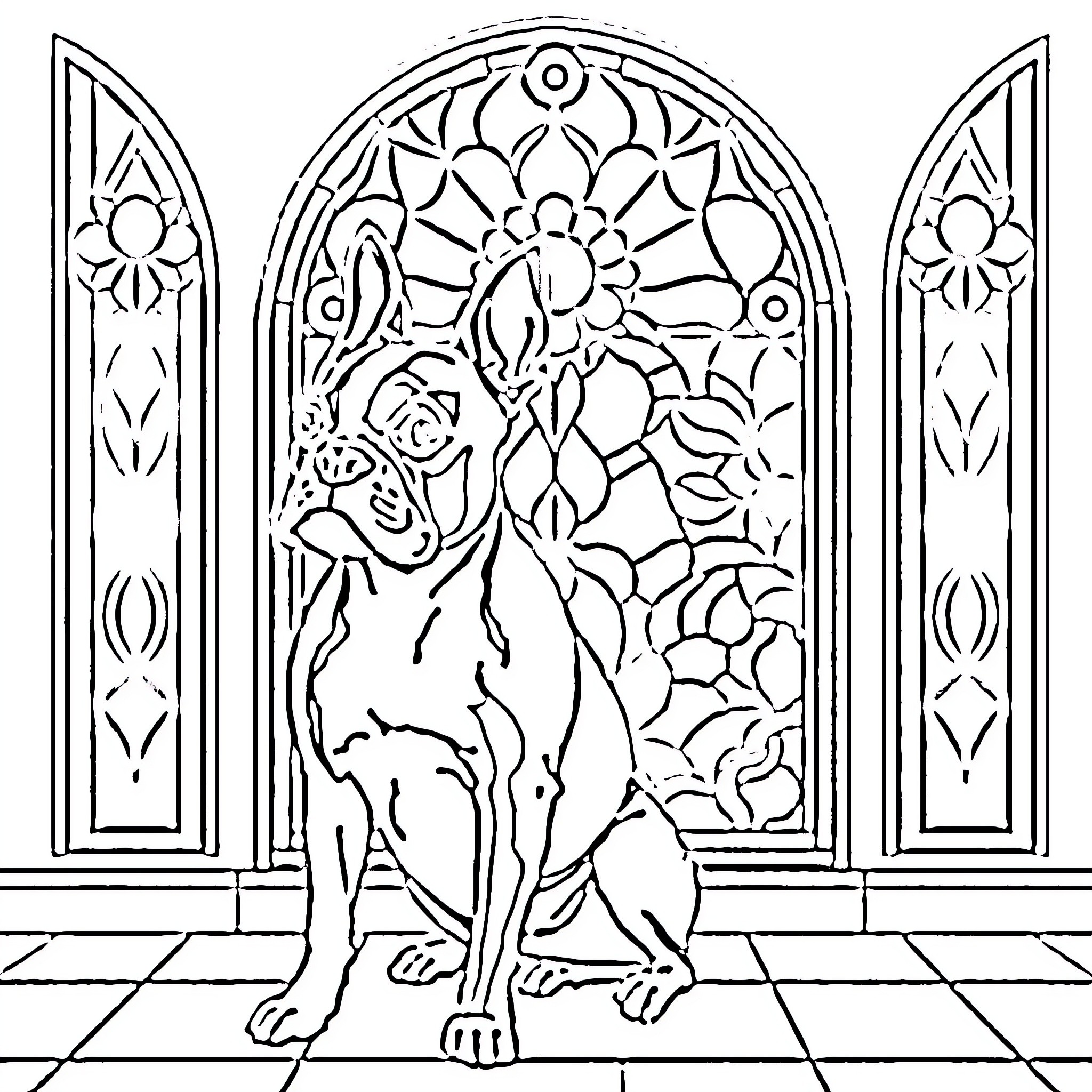 Boston Terrier standing proud in ornate stained glass setting Coloring Page (free black-and-white line drawing printable PDF for all, from beginners to advanced learners, including children, teens, adults, and seniors)