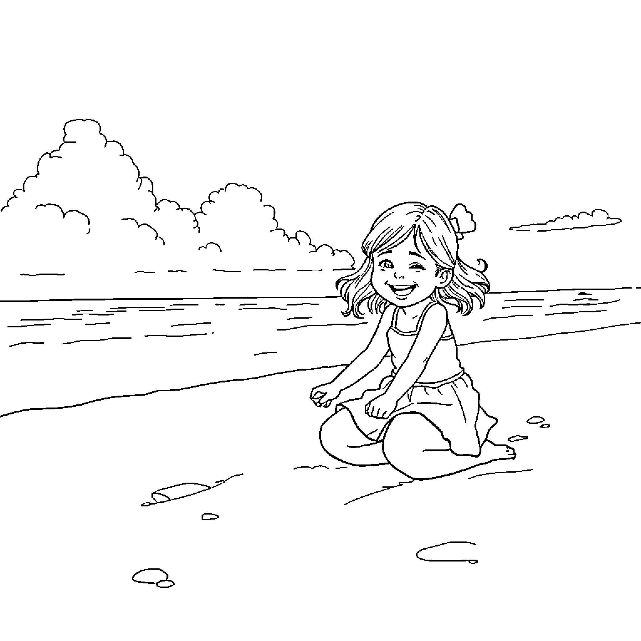 Girl playing happily on the beach Coloring Page (free black-and-white line drawing printable PDF for all, from beginners to advanced learners, including children, teens, adults, and seniors)