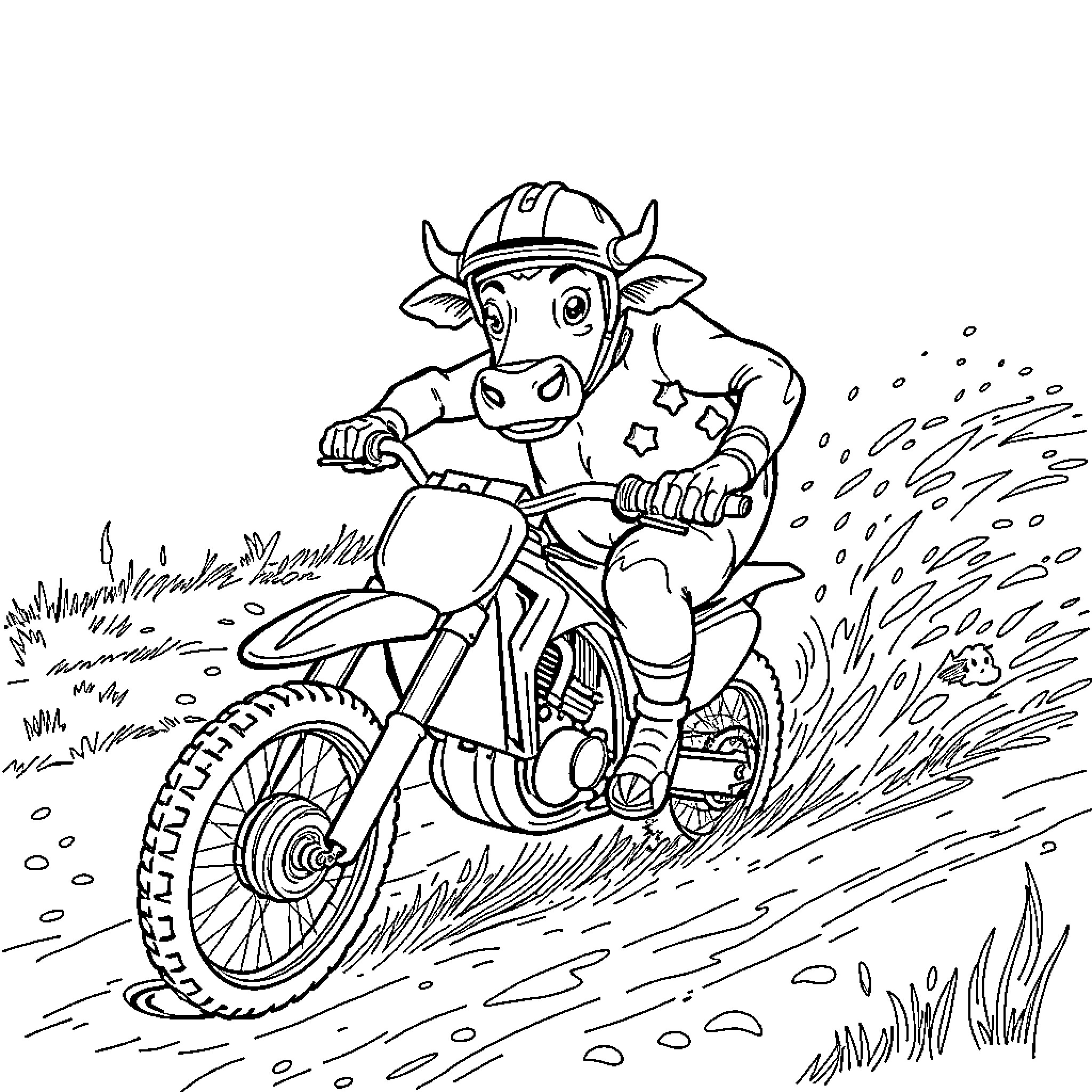 Cow riding motorcycle on dirt road Coloring Page (free black-and-white line drawing printable PDF for all, from beginners to advanced learners, including children, teens, adults, and seniors)