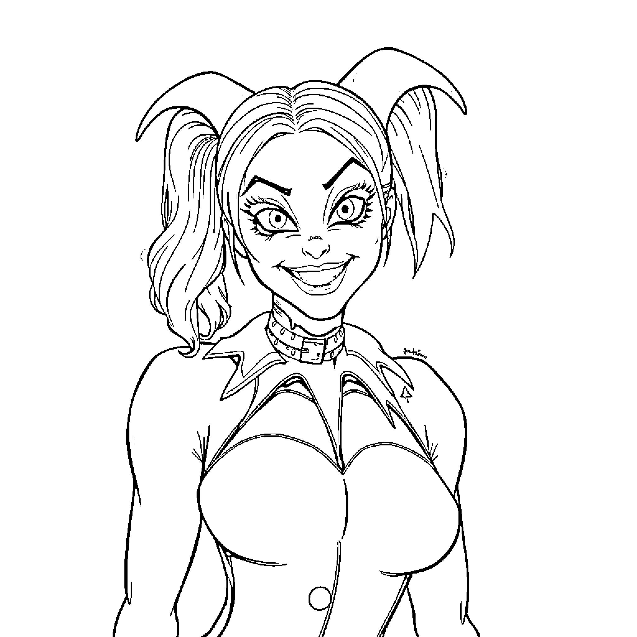 Harley Quinn in a Playful Pose Coloring Page (free black-and-white line drawing printable PDF for all, from beginners to advanced learners, including children, teens, adults, and seniors)