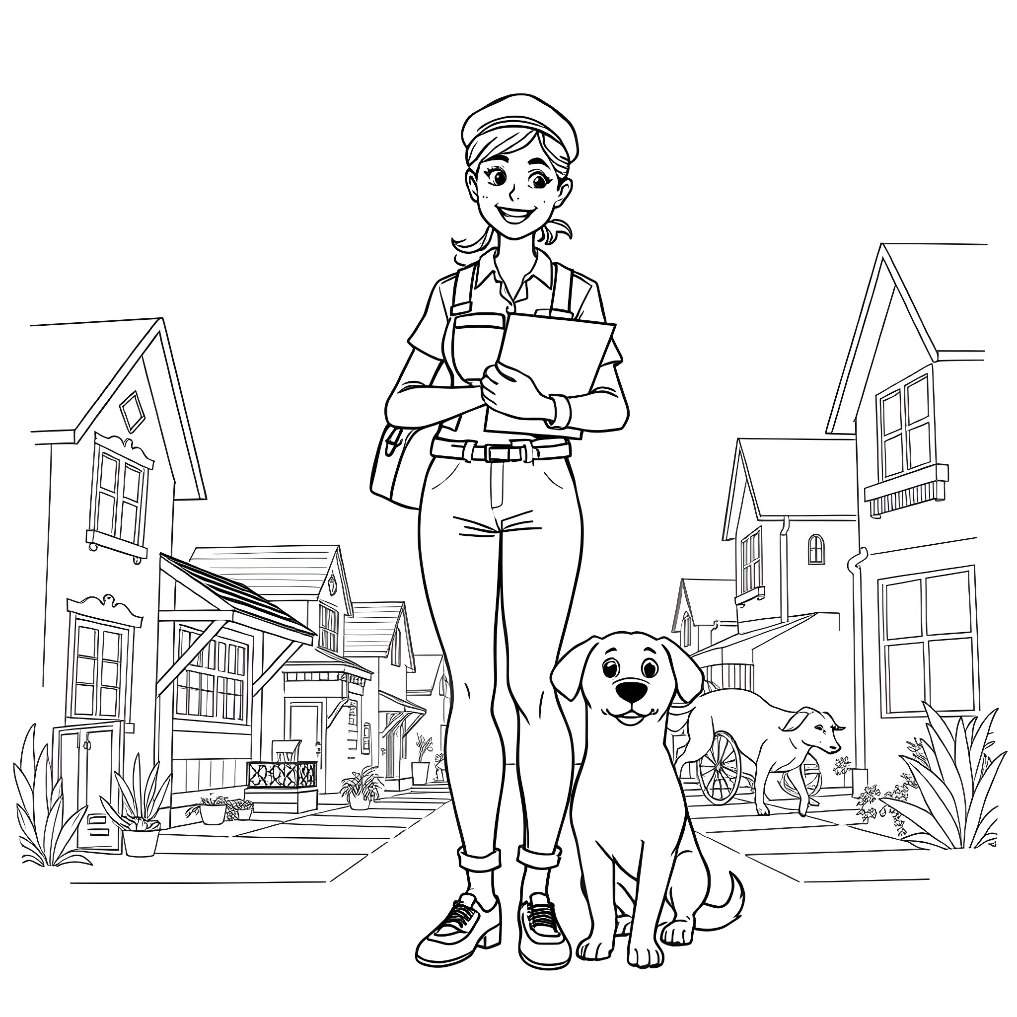 Female Postman delivering packages in a suburban neighborhood Coloring Page (free black-and-white line drawing printable PDF for all, from beginners to advanced learners, including children, teens, adults, and seniors)